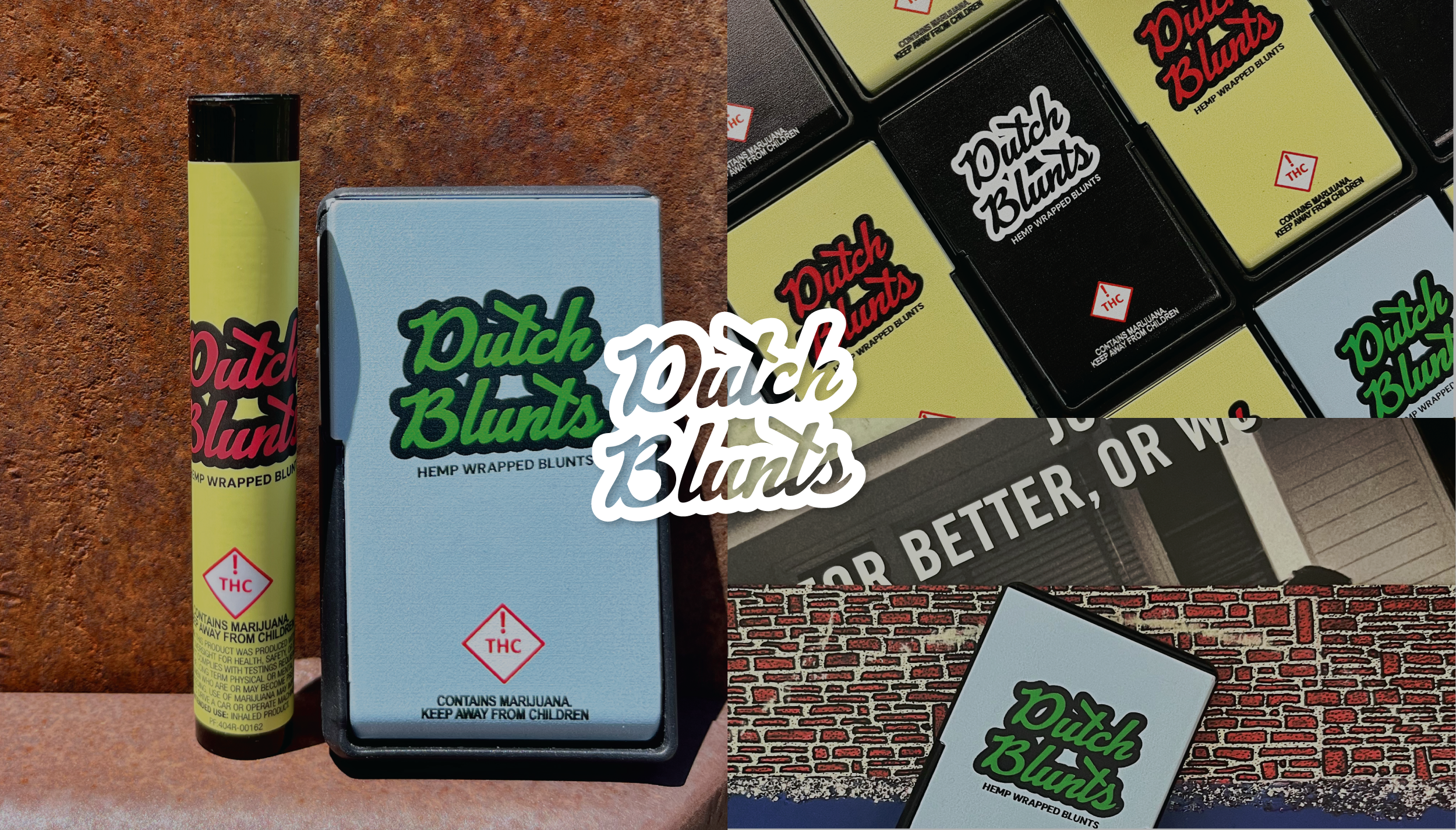 Assorted Dutch Blunts hemp wrapped blunts packaging and a branded lighter on a textured surface.
