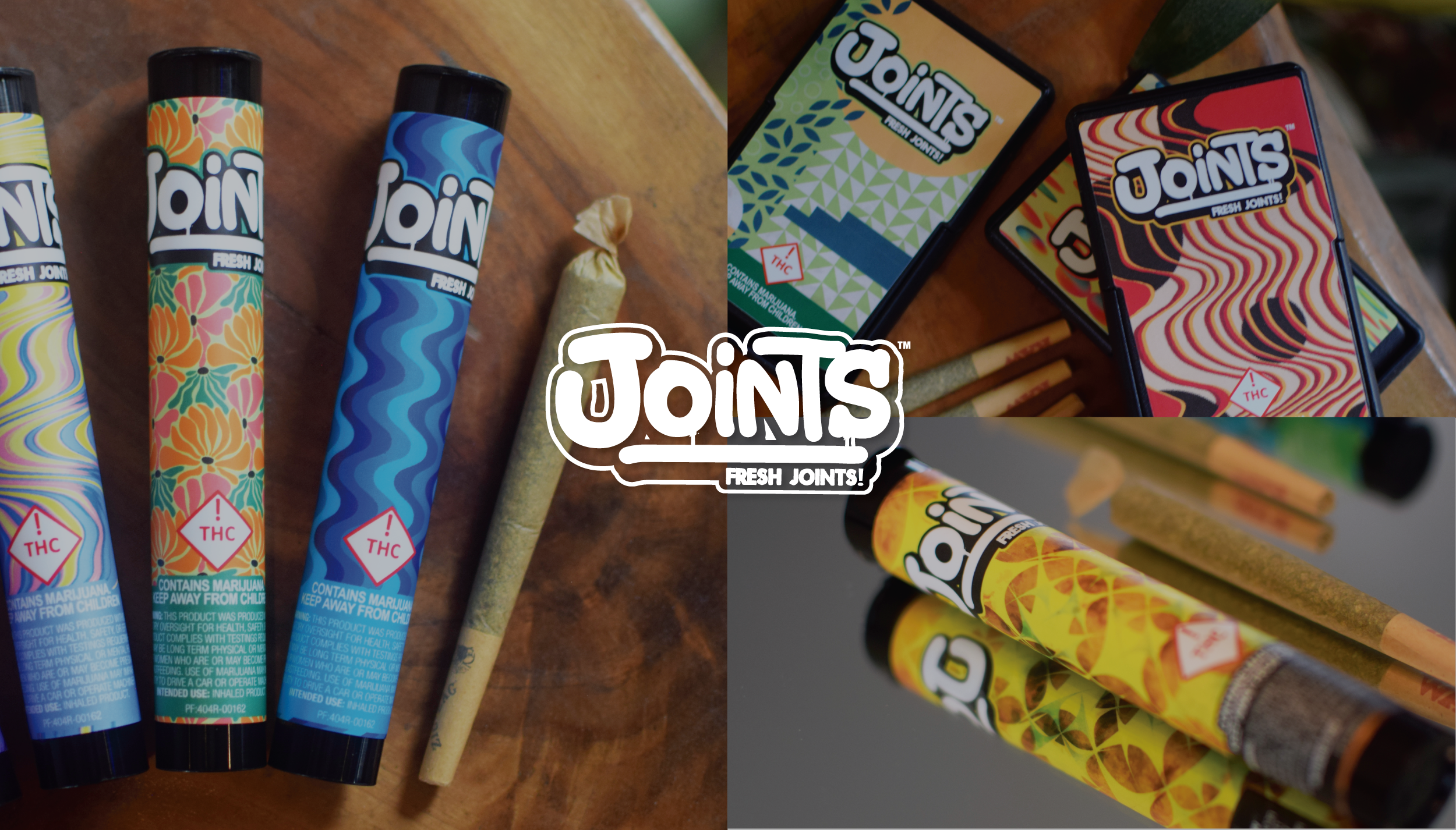 Three colorful tubes of marijuana pre-rolls with THC warning labels, some pre-rolled joints, and boxes of cannabis products on a wooden surface.