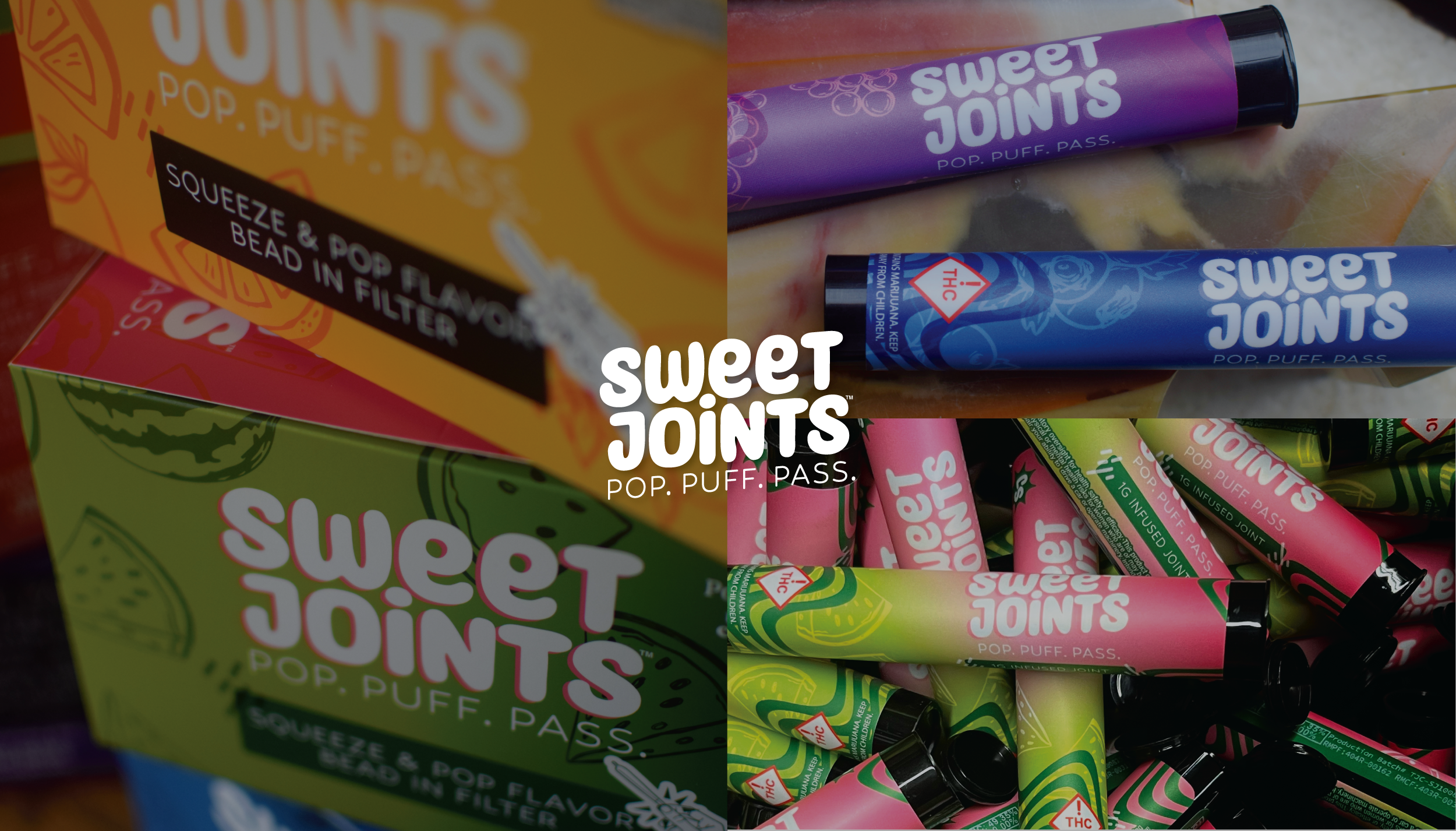 Various colorful packages of Sweet Joints cannabis-infused pop, puff, and pass products arranged in a display.