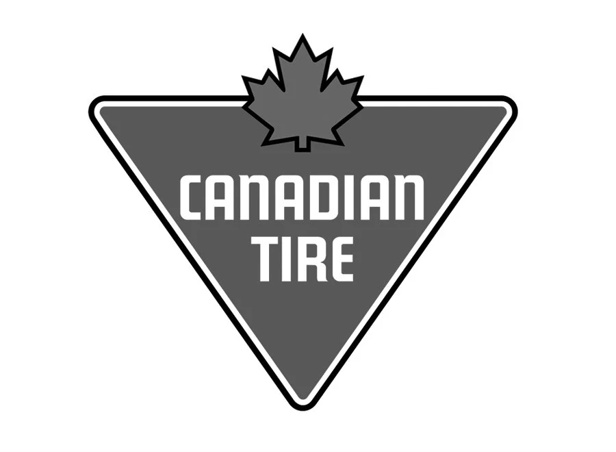 Canadian Tire logo in a triangle shape with a maple leaf at the top, grayscale.