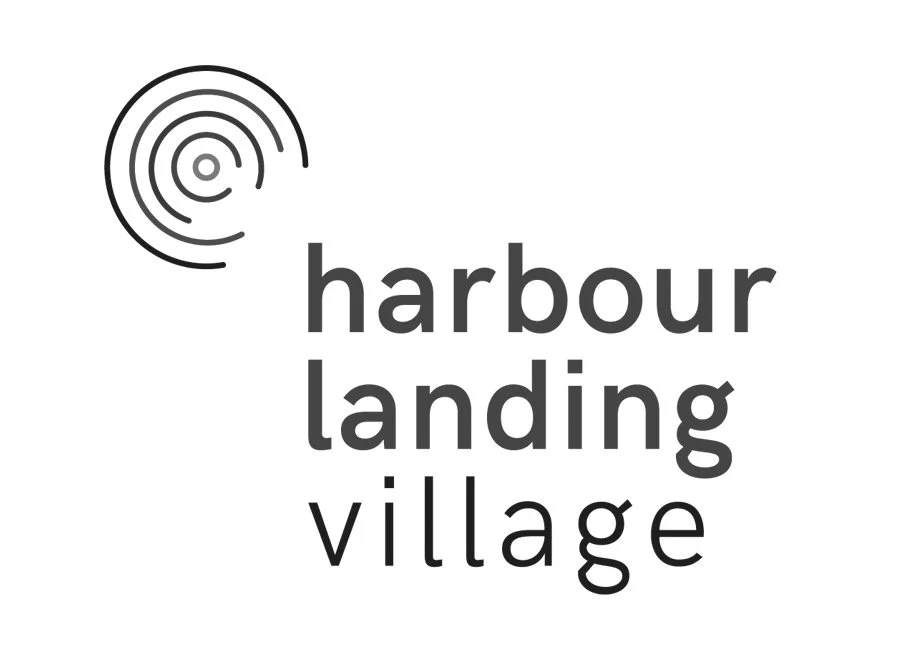 Harbour Landing Village logo with a circular abstract design and text