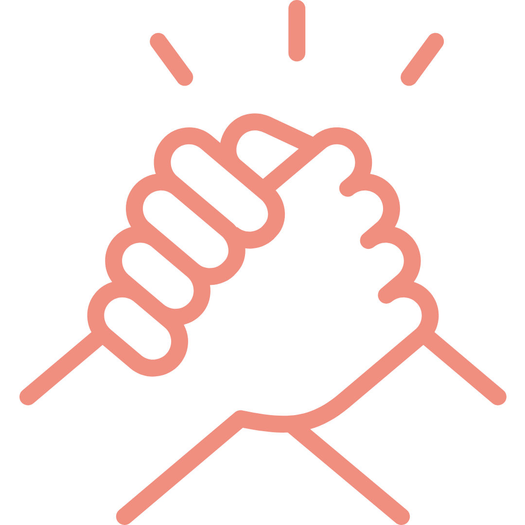 Illustration of two hands clasped together, symbolizing unity or support, in pink outline.