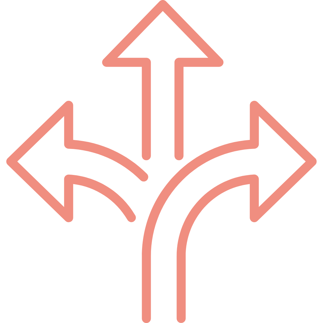 A neon sign with three arrows pointing in different directions: left, straight, and right.