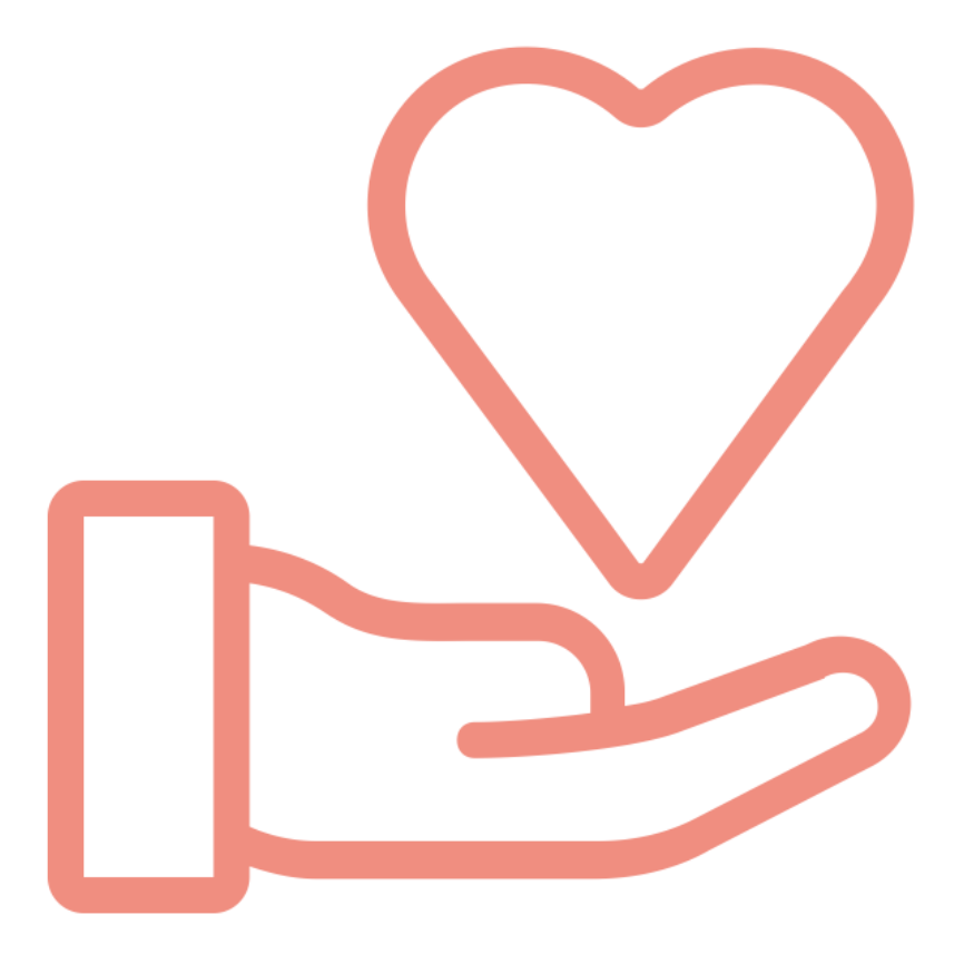 A pink outline drawing of a hand holding a heart.