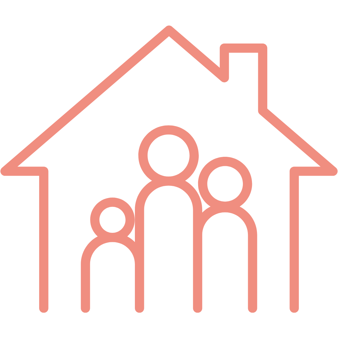 Outline of a house with three simplified human figures inside, representing a family or household.