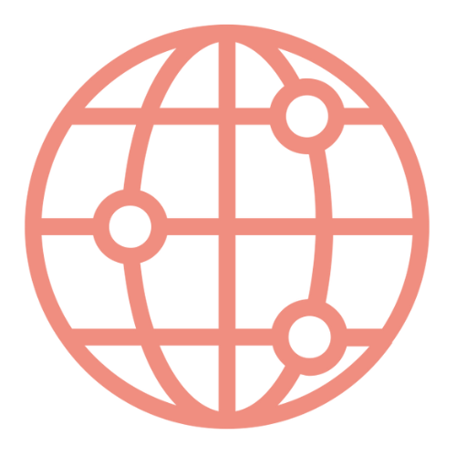 Pink globe icon with grid lines and four location markers.