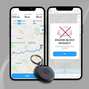 Two smartphones displaying a car immobiliser app, showing mileage, speed data, map route, and an engine block request alert with an ADR fob.