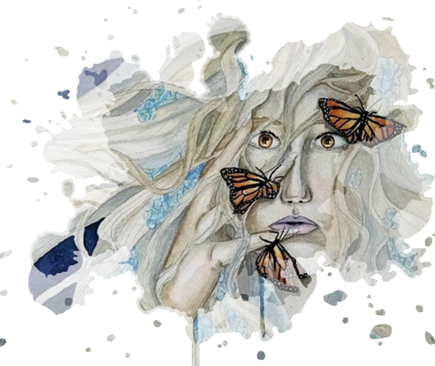 Watercolor painting of woman and butterflies
