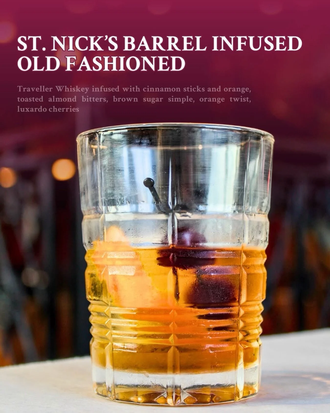 St. Nick&rsquo;s favorite stop this year. 🔥🥃

Traveller Whiskey infused with cinnamon sticks and orange, toasted almond bitters, brown sugar simple, orange twist, luxardo cherries

⭐ halfshelloysterhouse.com/specials