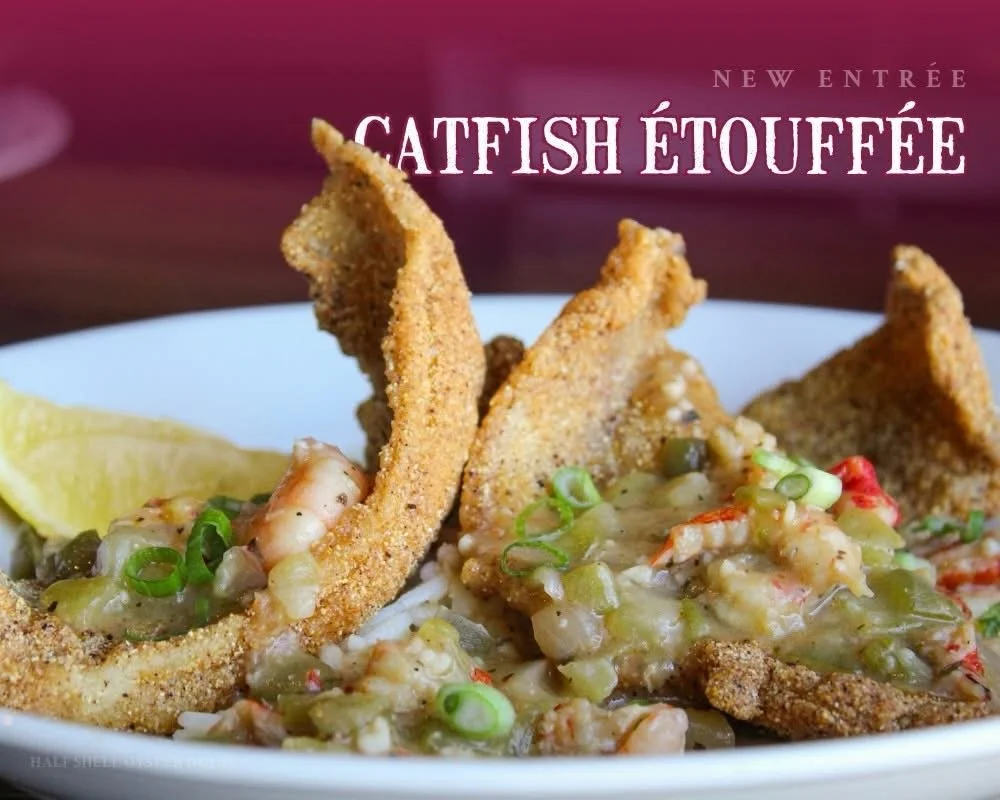 A Southern classic, done the Half Shell way. ⚜️

Introducing our NEW Catfish &Eacute;touff&eacute;e! Fried US farm-raised catfish served over white rice and smothered in our homemade Gulf shrimp &amp; crawfish &eacute;touff&eacute;e. 

👉 See what el
