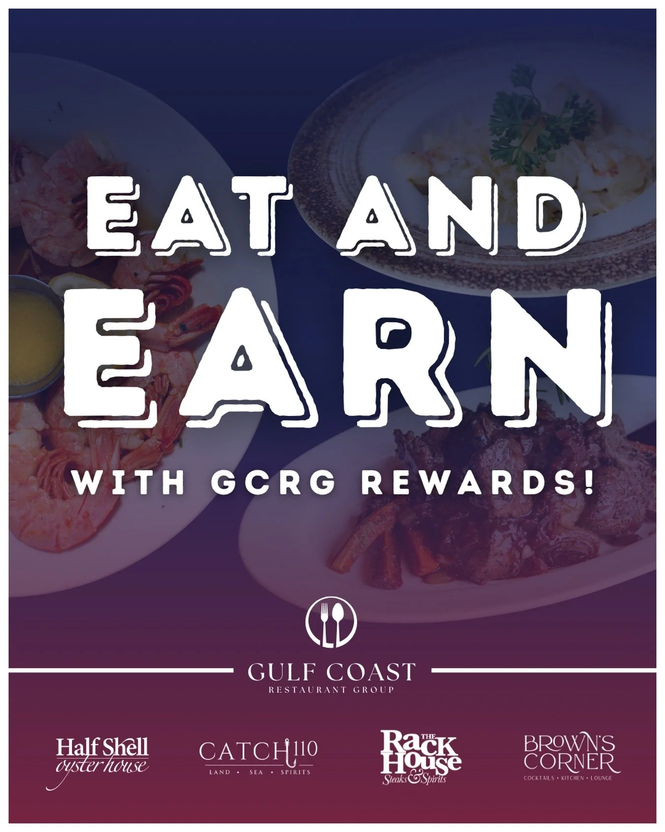 Eat. Earn. Reward yourself. 👀✨

Introducing GCRG Rewards!! Our brand new loyalty program across all of your favorite Coast restaurants &mdash;@halfshelloysterhouse, @catch110restaurant, and @therackhousesteakandspirits!

Now every visit gets you clo