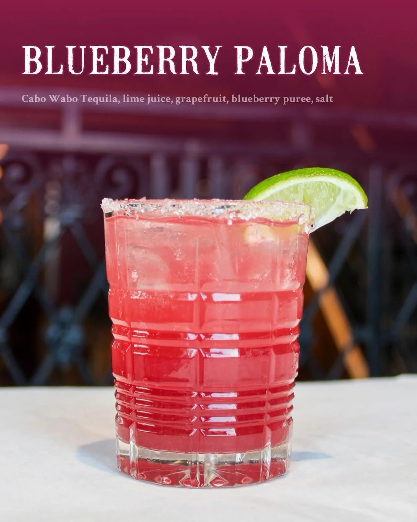 This month&rsquo;s feature and new brunch cocktail &mdash; The Blueberry Paloma. 🫐
Cabo Wabo Tequila, lime, grapefruit, and blueberry pur&eacute;e with a hint of salt.

Our NEW brunch menu is LIVE every Saturday + Sunday from 10am until 2pm!