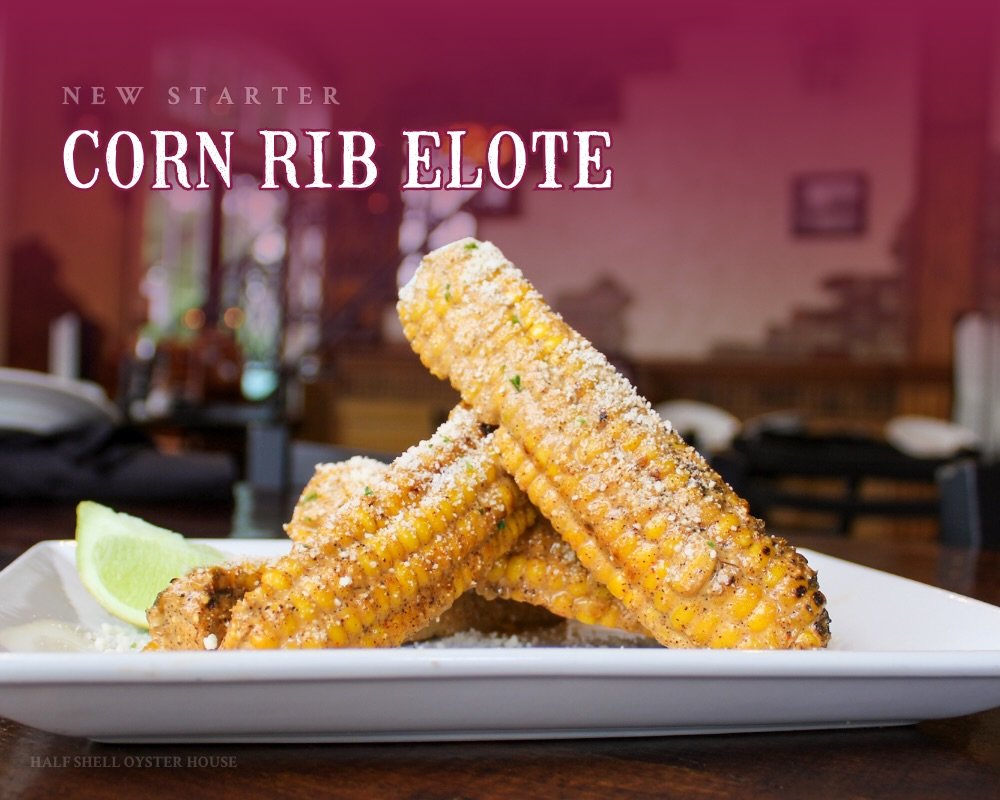 NEW NEW NEW! 🌽🔥

Our new Corn Rib Elote is chargrilled, tossed in Mexican street corn sauce, and topped with Cotija cheese for a flavor-packed starter that&rsquo;s made to share (or not)! 

🔗 See what else is new at Half Shell at halfshelloysterho