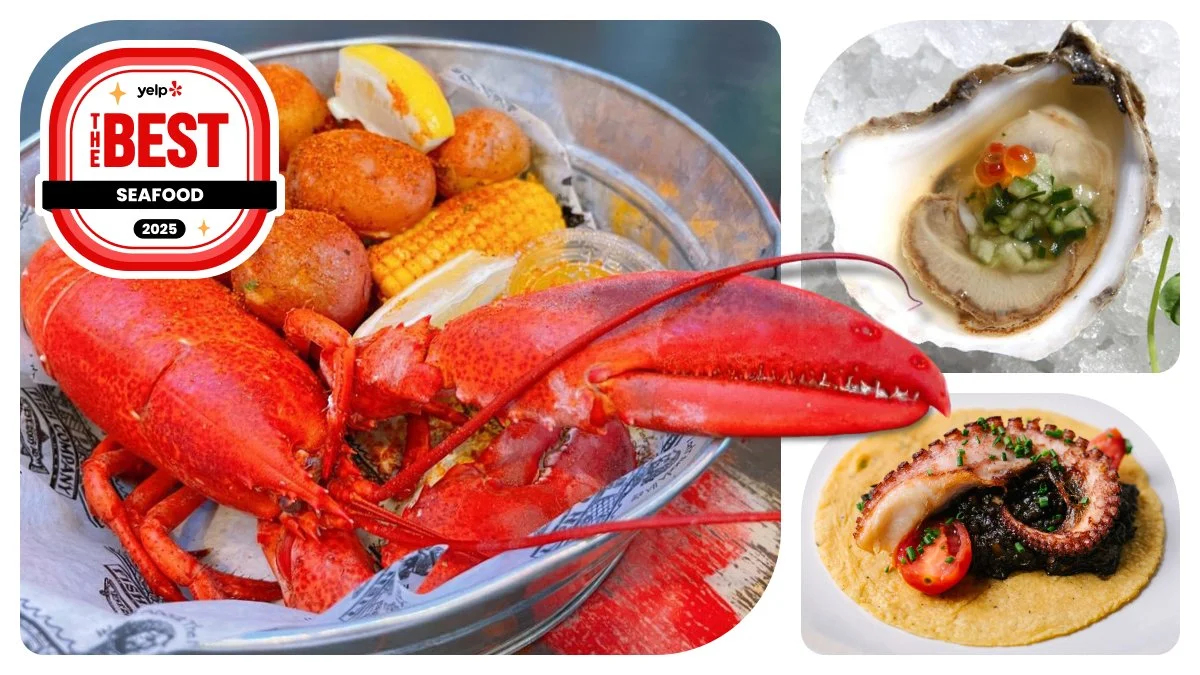 A basket of cooked seafood including a whole lobster, crab, and various shellfish, with lemon wedges and vegetables, alongside two dishes of oysters and grilled octopus on a tortilla with garnishes.