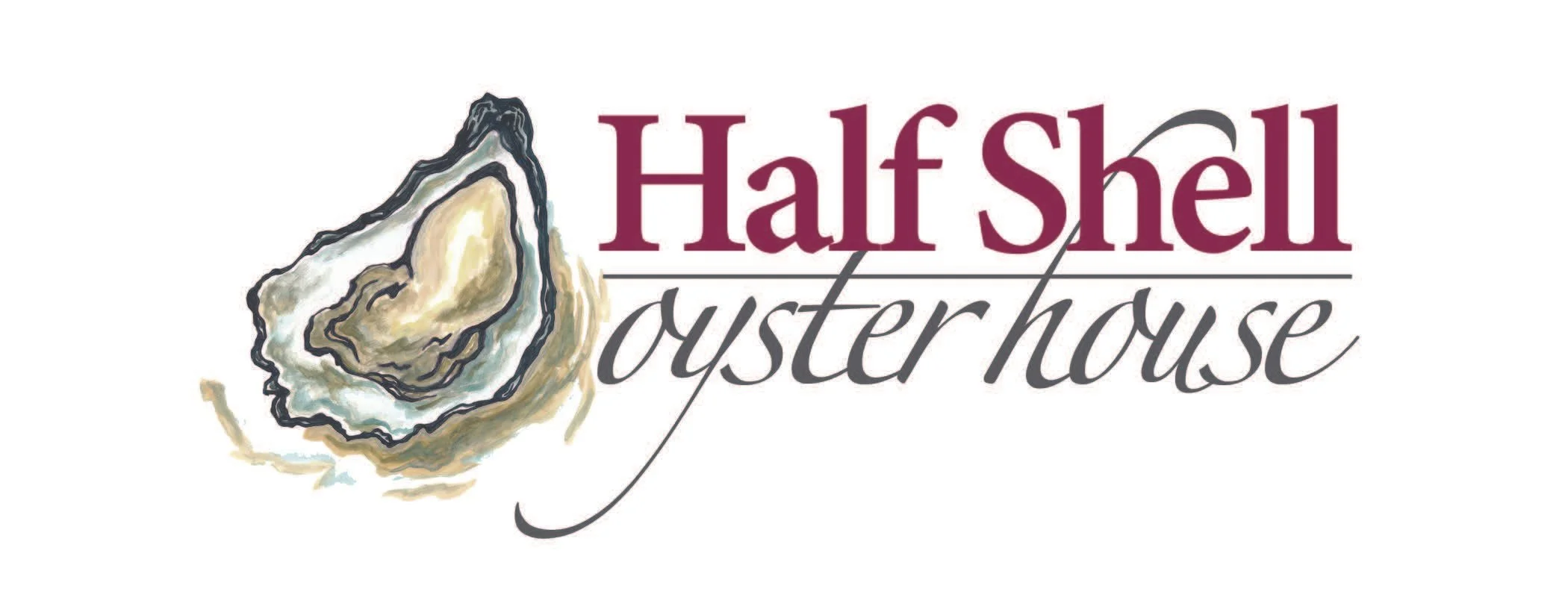 Logo of Half Shell Oyster House featuring an illustrated oyster shell and stylized text