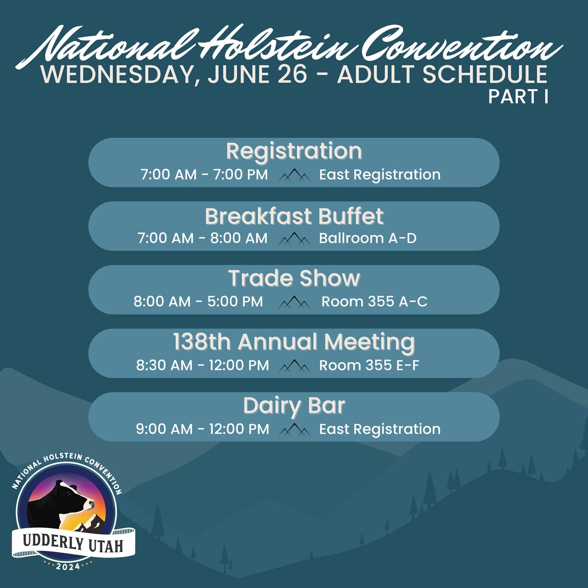 There are 139 days until we welcome you to the National Holstein Convention in Salt Lake City, Utah! 🏔️🐄

Here's a look at the schedule for the third day of convention. 👀 Start planning your trip now using the full schedule available on our websit