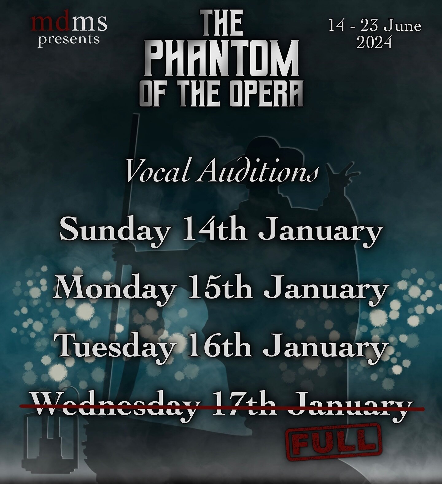 Wednesday auditions are booked out!
Limited places remaining Sunday-Tuesday, visit 𝙢𝙙𝙢𝙨.𝙤𝙧𝙜.𝙖𝙪/𝙖𝙪𝙙𝙞𝙩𝙞𝙤𝙣 to secure one of the last remaining spots!
MDMS&rsquo;s 𝙏𝙃𝙀 𝙋𝙃𝘼𝙉𝙏𝙊𝙈 𝙊𝙁 𝙏𝙃𝙀 𝙊𝙋𝙀𝙍𝘼 🥀
#mdmsphantom