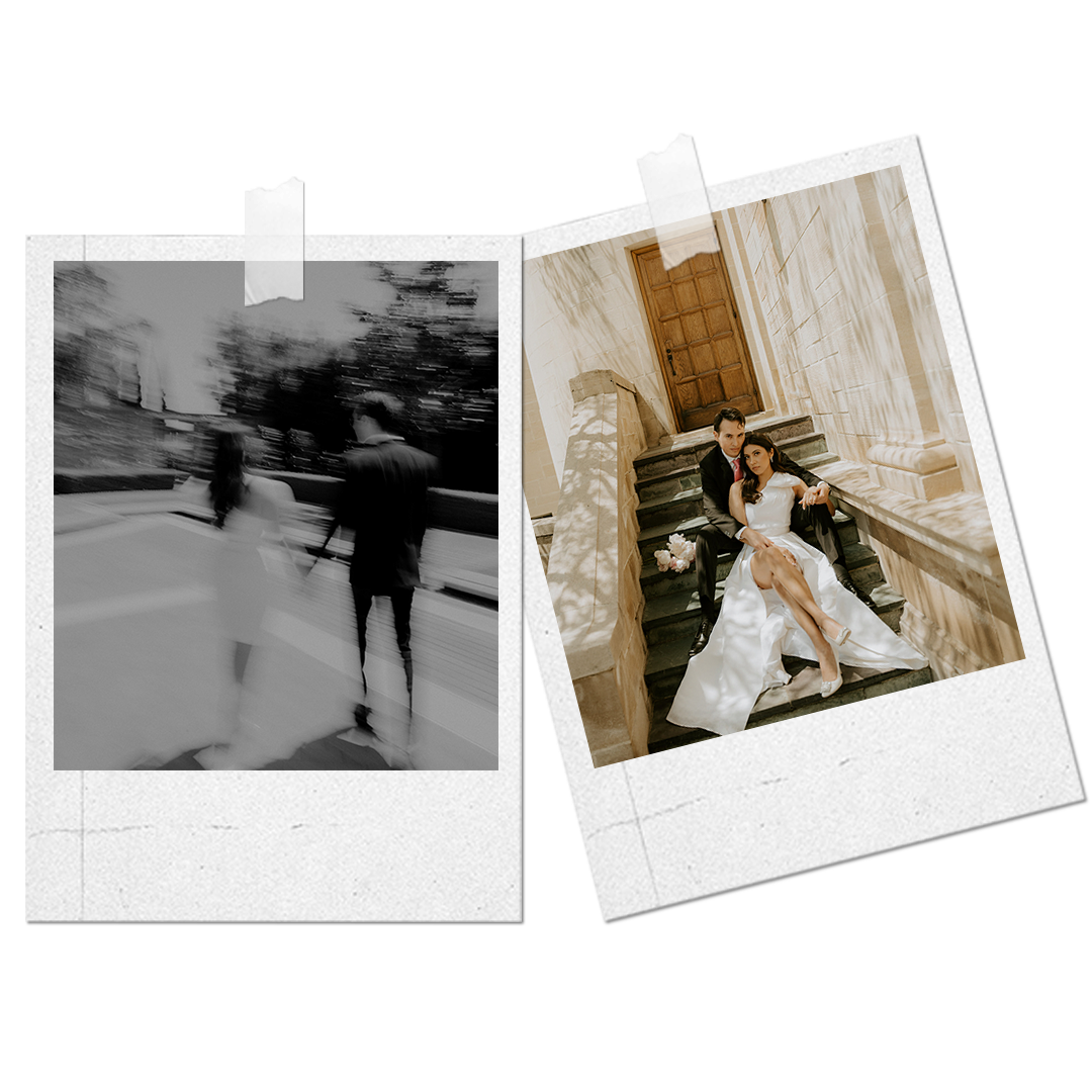 Side-by-side photos on a black background: The left photo is black and white, showing a blurry scene of a couple walking outdoors. The right photo is in color, depicting a bride and groom sitting on stairs inside a building, dressed in wedding attire, with the bride holding a bouquet.