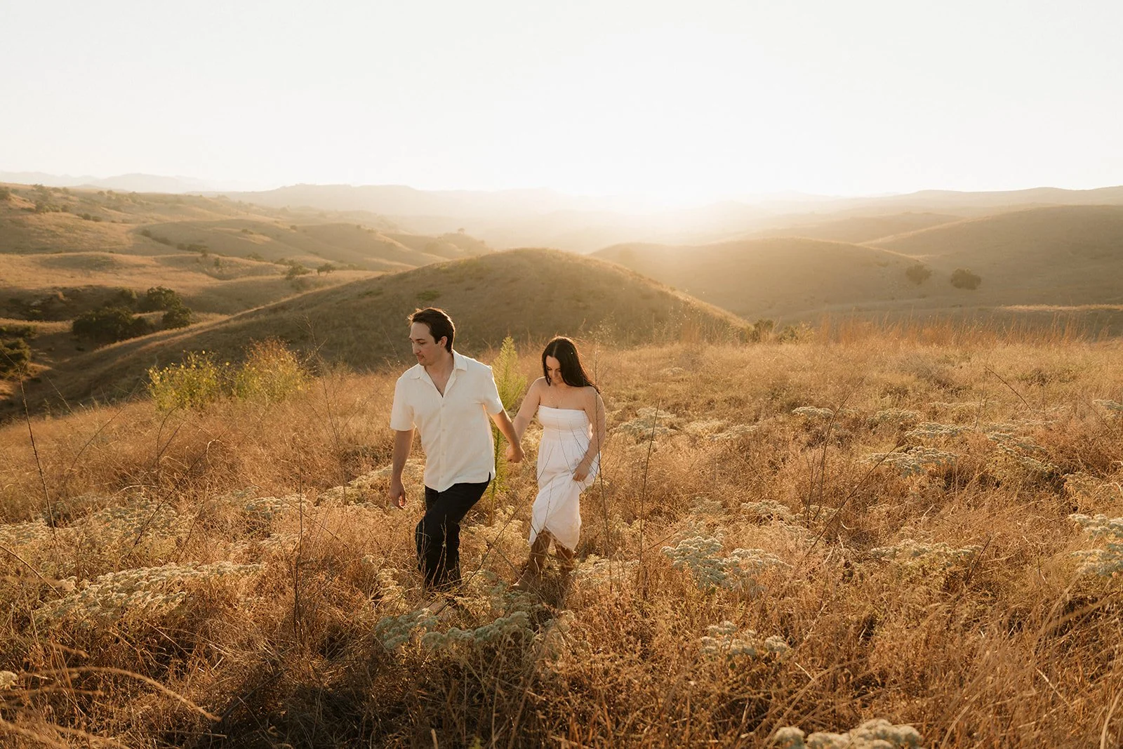 Golden Hour grassy field engagement session, candid lifestyle outdoor natural light photographer, Los Angeles
