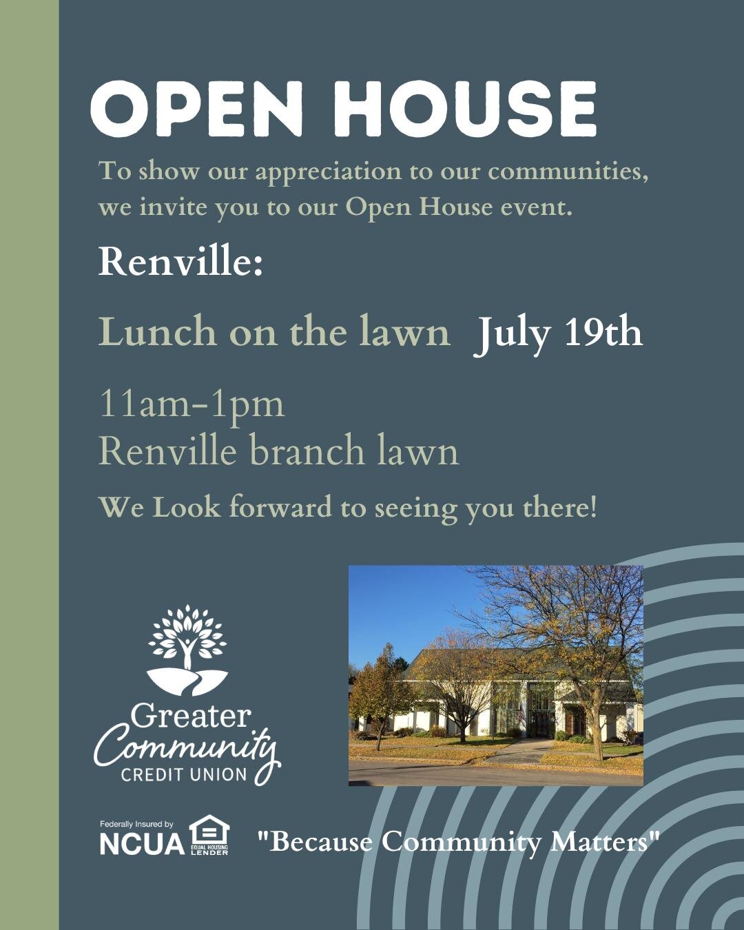 Join us for our Open House event in Renville on the front lawn. See you Wednesday, July 19th!

 #OpenHouseEvent #renvillemn #creditunionmembers