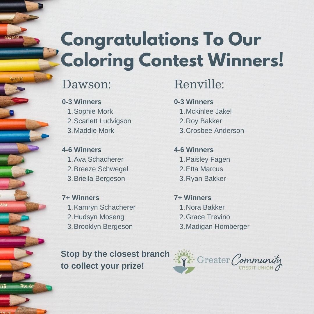 Congratulations to our coloring contest winners! And thank you to everyone that entered, it was hard to choose just three winners.

Stop by your closest branch by Friday (July 21st) to collect your prize.