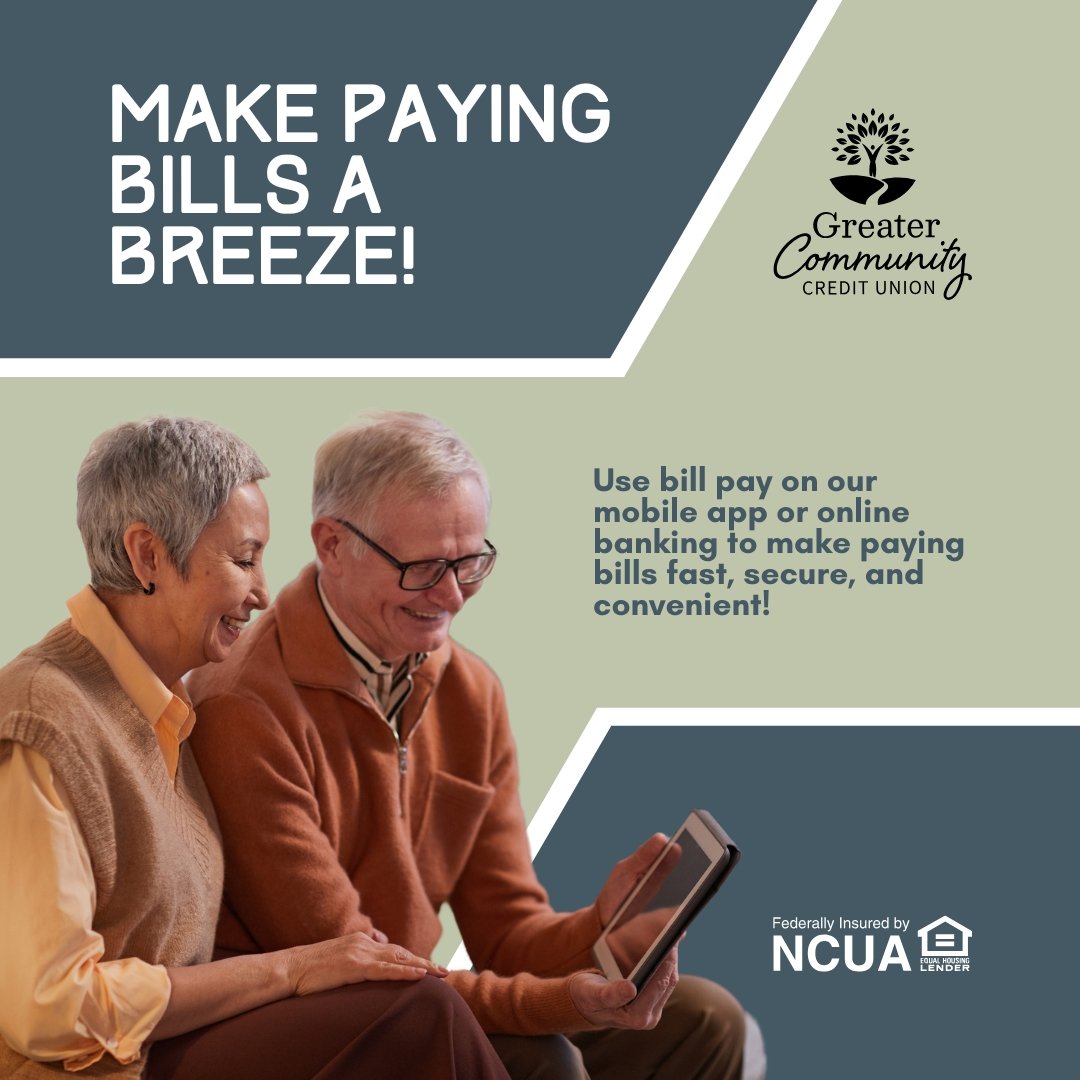 Take some of the stress away from paying bills. Bill pay makes it a breeze to pay bills online, so you can spend less time paying bills and more time doing what you love!

💻Check out our website to learn more https://greaterccu.com/online-mobile-ban
