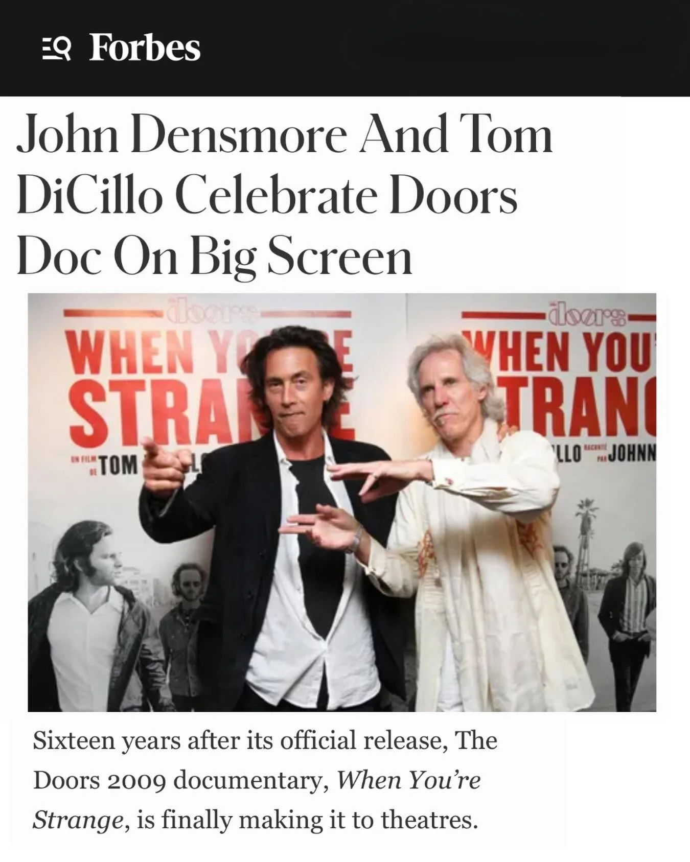 When You&rsquo;re Strange was always meant to be seen in a dark theater, larger than life, just like the band. @tomdicilloofficial and I talked with Forbes about this new chapter, why the film is finally getting the big-screen moment it deserves, and