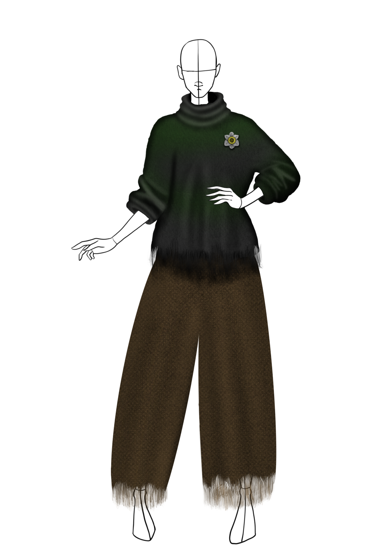 Her clothes almost swallow her as she doesn’t truly care about the appearance. The way she acts doesn’t require much movement.