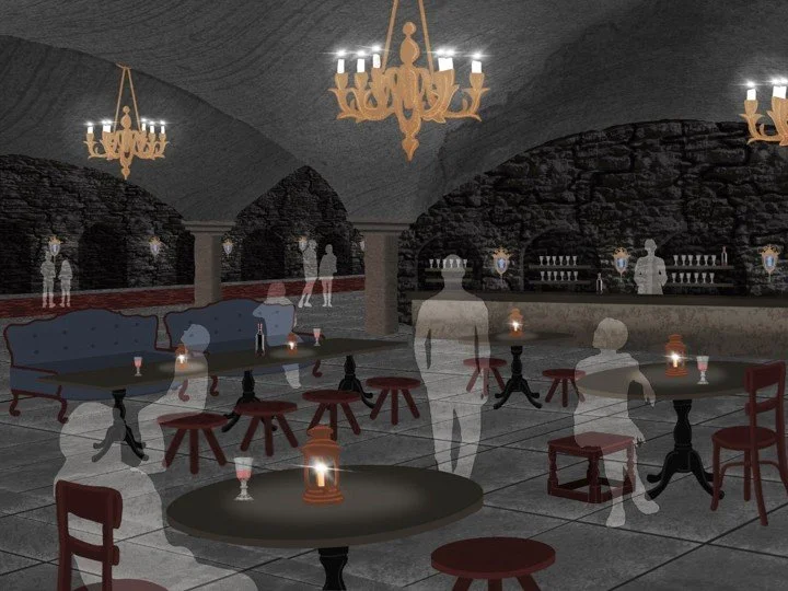 Crypt: The crypt bar below is a self contained room, but can be accessed from the the walkway to the queue, the interactive space, or the gift shop. 