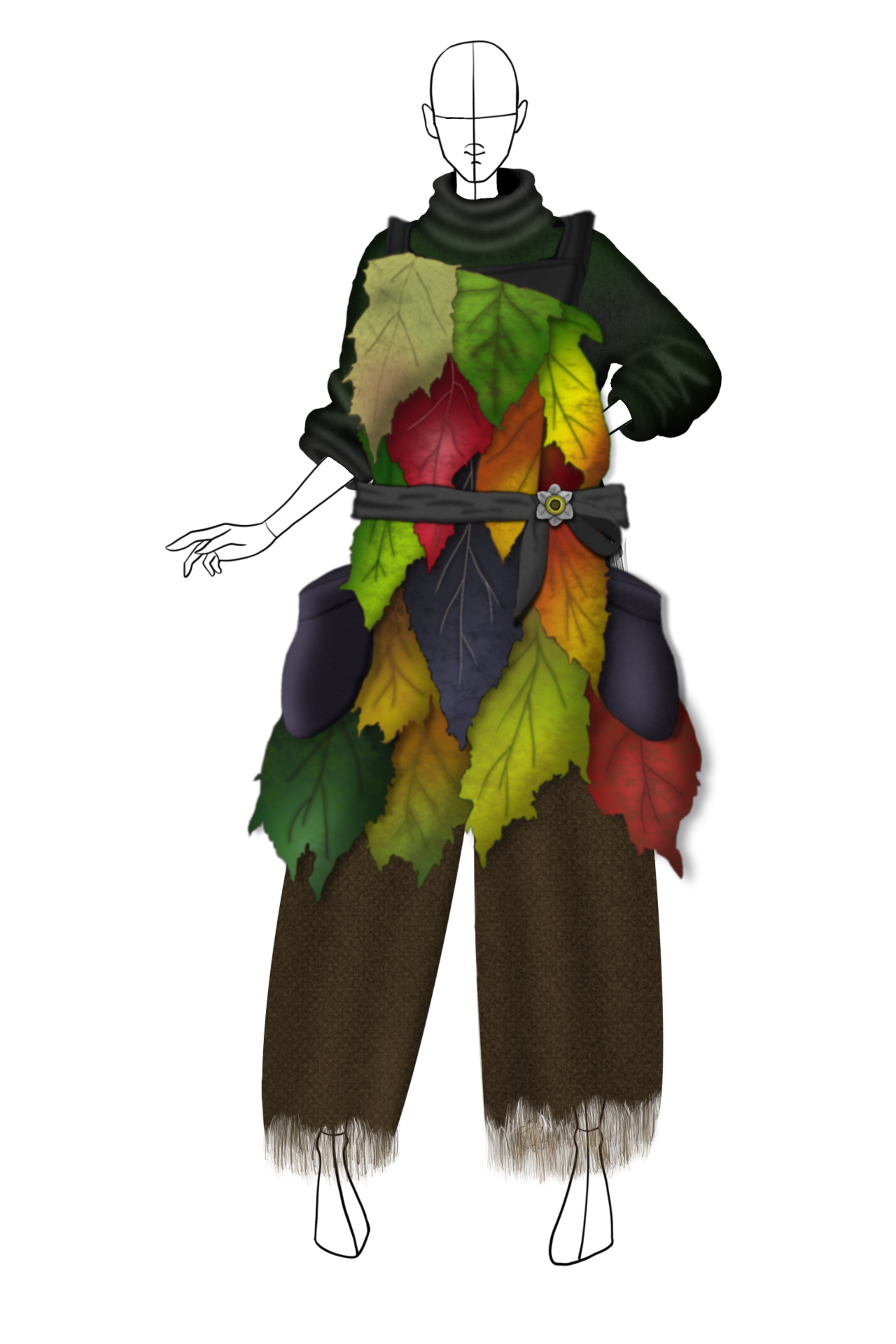When she changes, she must take charge of her life. She rolls up her sleeves to build the house and puts on an apron to take care of everyone. This apron is made up of found materials like leaves from the forest.