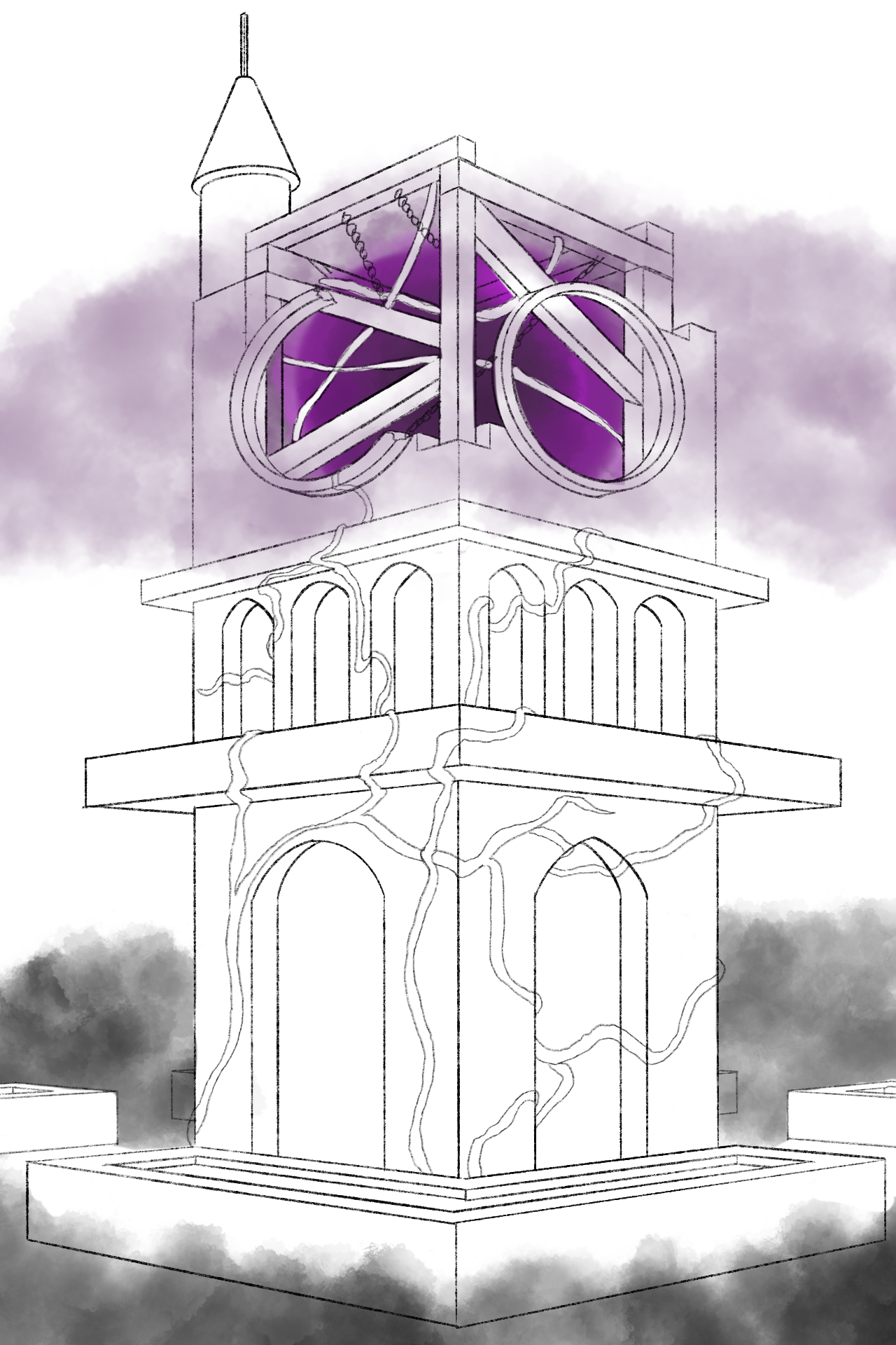 The Clocktower: The clock tower is remnants of a beautiful world and proof that everything is corruptible. Covered in vines, the tower becomes more and more disheveled the higher it goes, missing bricks, broken clocks. All the way to reveal a strange