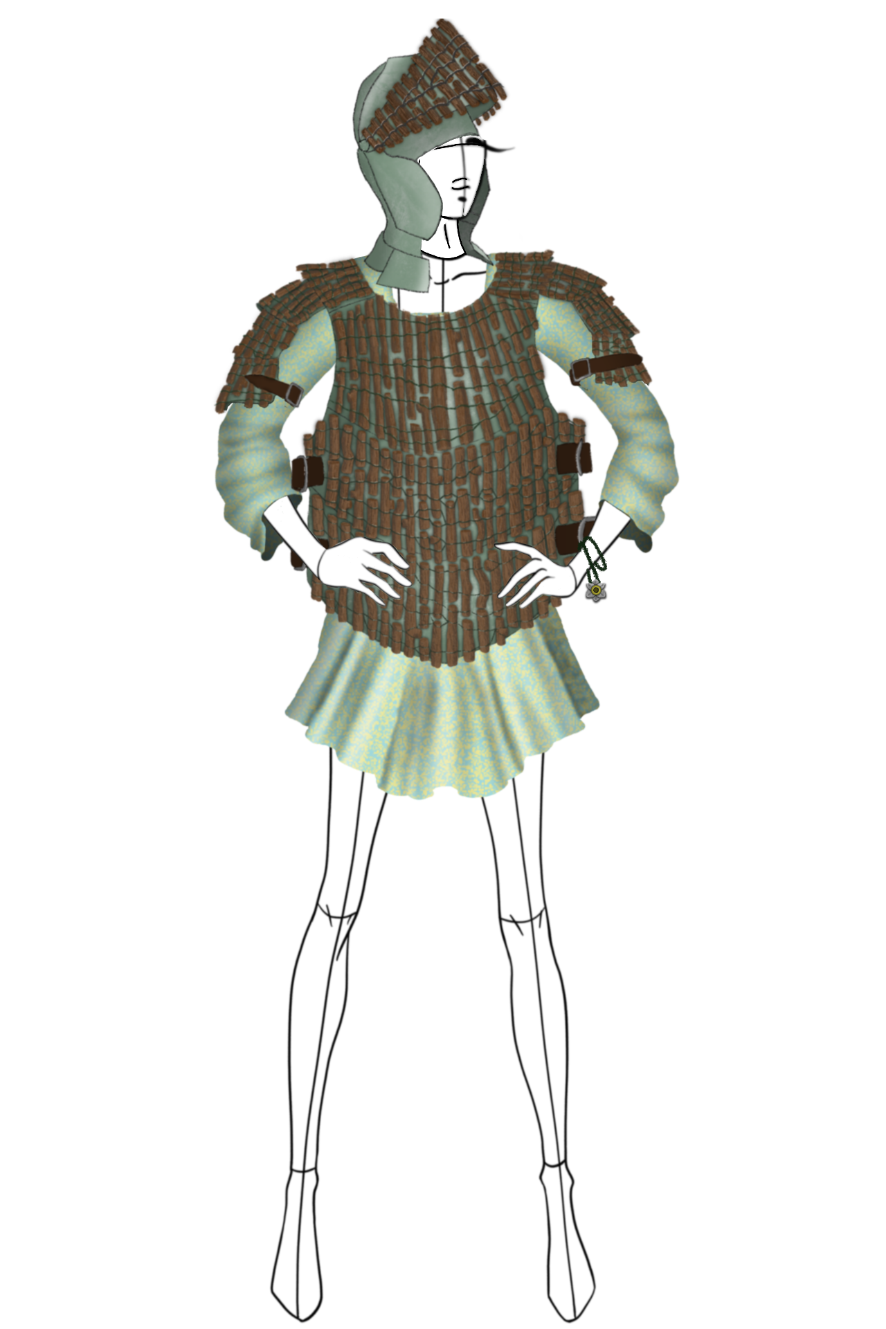 Once she has taken her life as a hero, she finds a set of armor made from sticks in the woods. She puts on the armor, but it still allows the sundress to shine through from underneath.