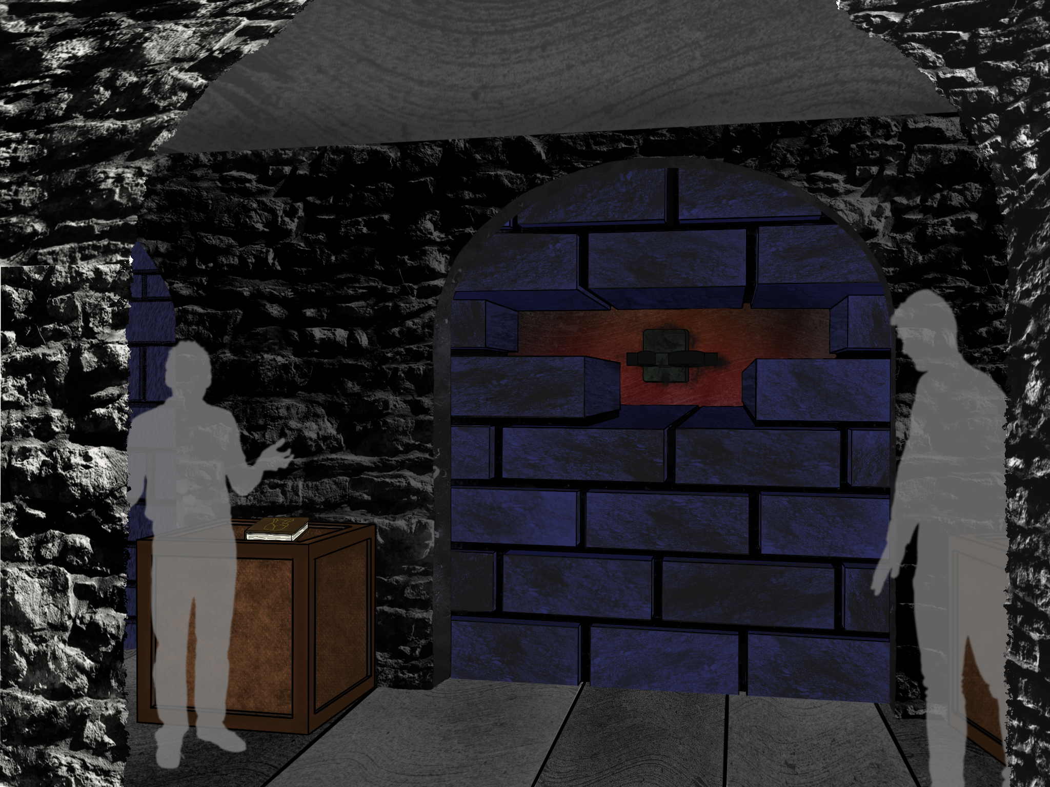 Interactive Hallway: The hallway is a series of books that when opened, release the trapped spirit from within momentarily. Each book is a reference to a Poe story. A show moment will illuminate the space to show the power.