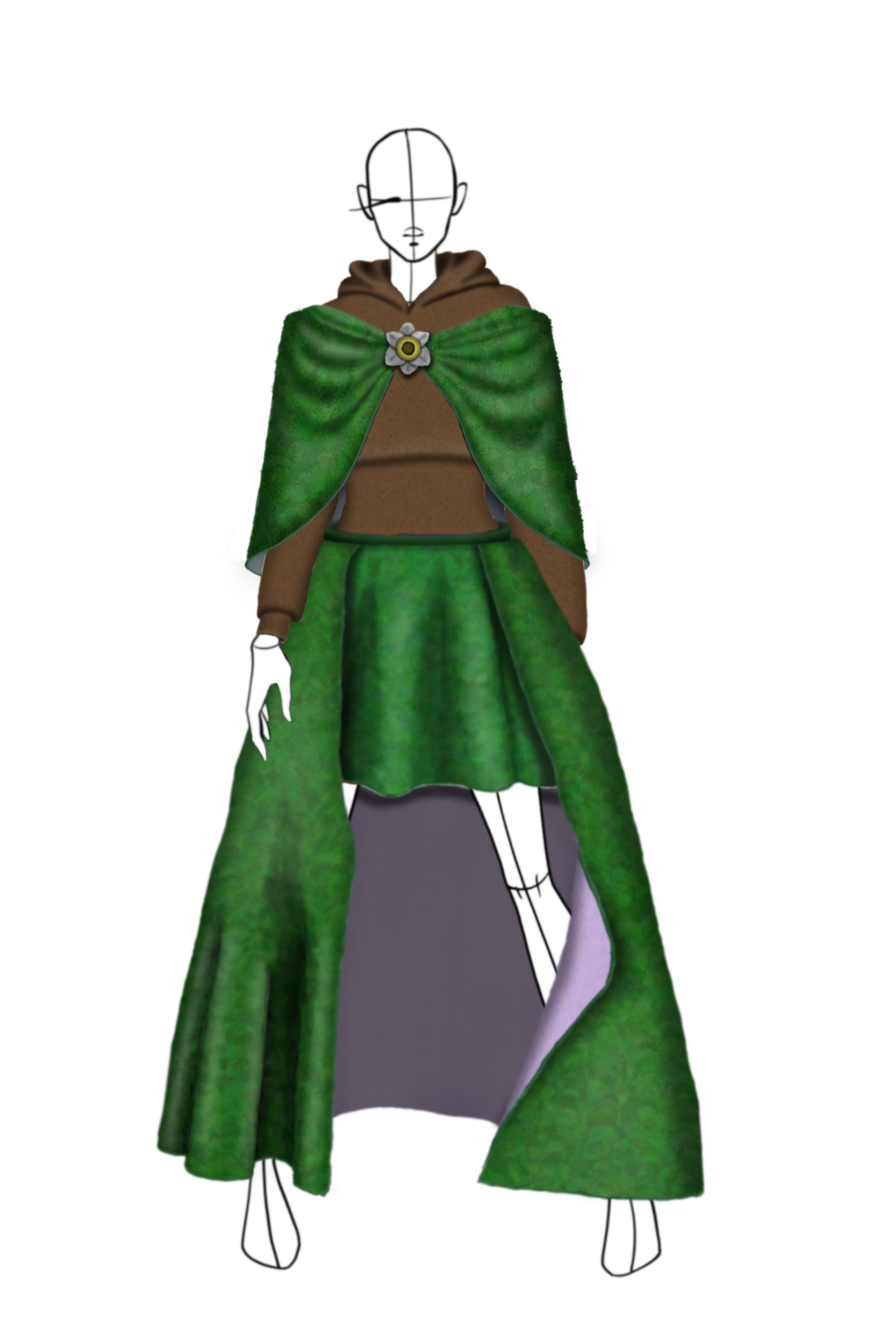She will adorn a shawl and a skirt with a train made of moss.
