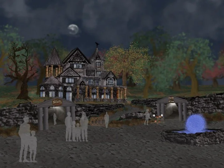 Overview: The ominous facade of the Poe now writes in. Down below is a crypt which is where the crypt bar and attraction reside. 