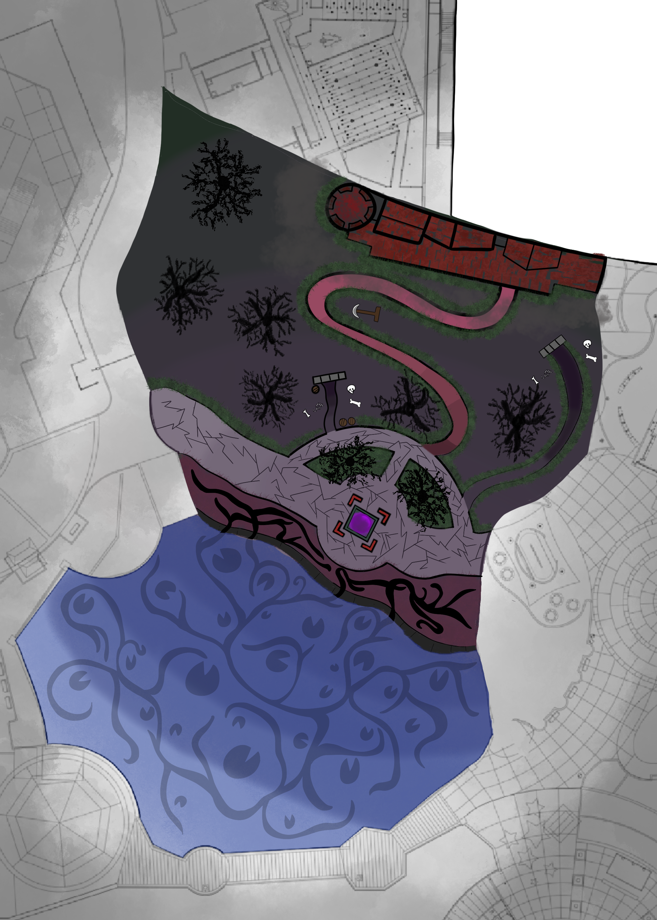Floorplan: The walkway will be moved farther from the show building and closer to the water to allow for additional square footage in front of the house. This will allow for a hill to be built up approximately 12 feet to assist in hiding the show bui