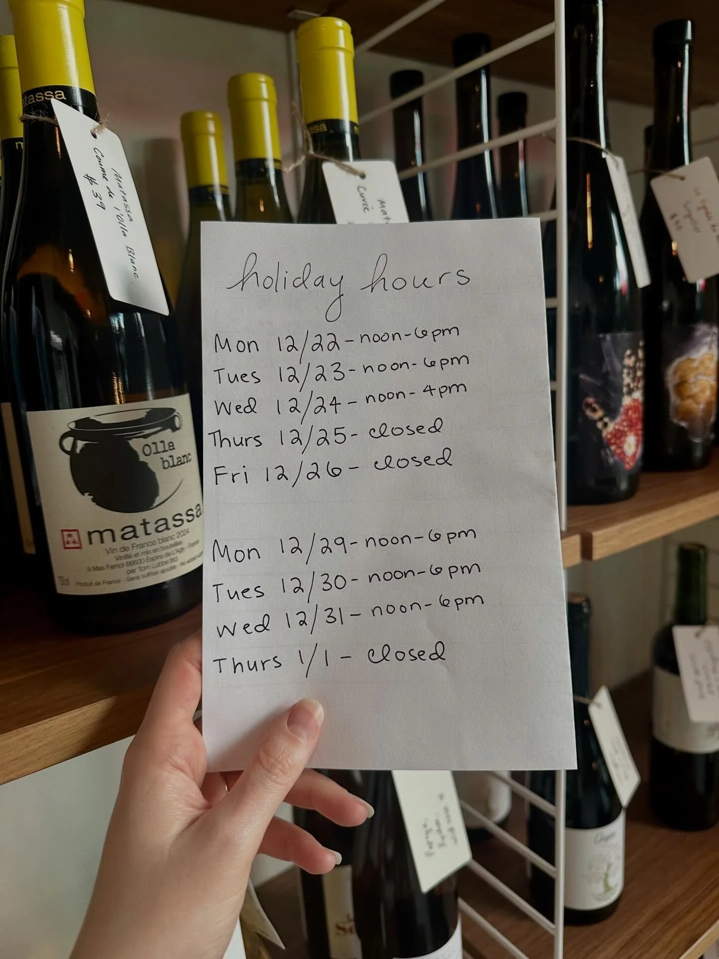 Holiday hours! ✨ Shuffling things around before the shop goes into hibernation for a bit. We will be open Monday/Tuesday the next two weeks for all your festive needs before taking a winter break from January 1st-14th. 

Stop by for wine, gift cards,