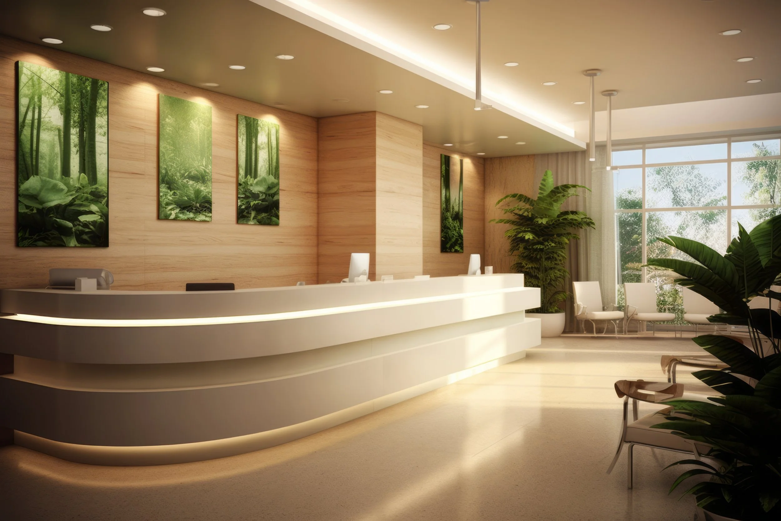 Modern hospital reception area with a curved white reception desk, wooden wall with vertical green forest-themed art, large windows, indoor plants, and seating area with white chairs.