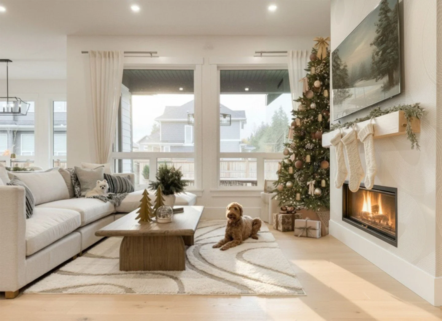 Princess Coco lounging 👑✨, Ollie patrolling 🐾🌲 &mdash; Christmas mission complete.
&bull;
&bull;
&bull;
&bull;
&bull;
#interiordesigner #interiordesign #transitional #yvr #livingroom #christmas #christmasdecor