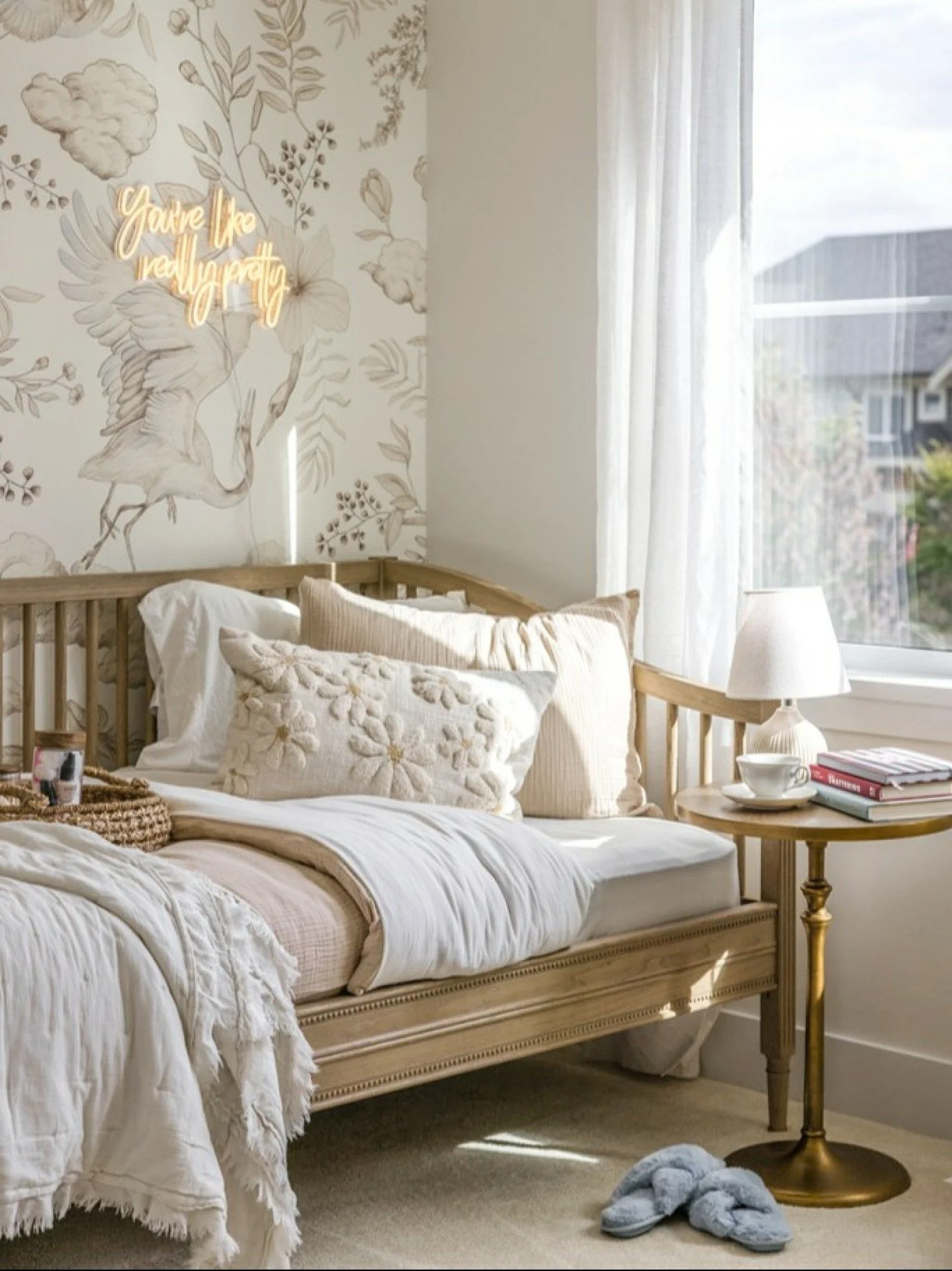 Soft light, sweet moments, and a space that feels uniquely hers. 💛

This girls' room at The Whitmore pairs timeless charm with playful touches &mdash; featuring a hand-drawn botanical wallpaper that brings a whimsical elegance to the space. Neutral 