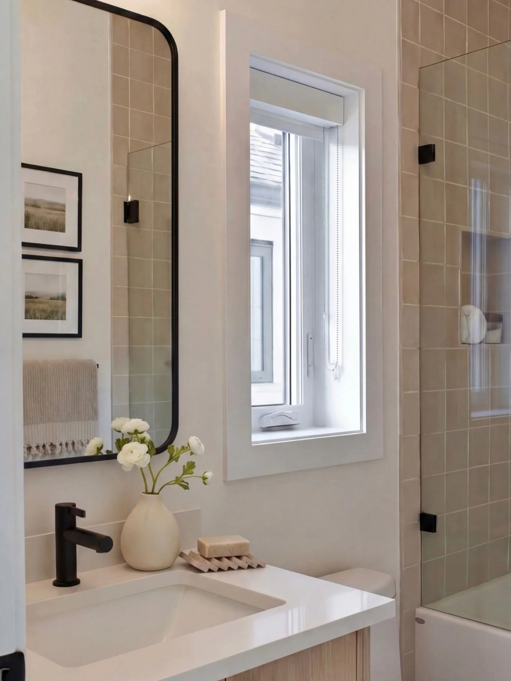 Artisanal tilework, warm natural finishes, and soft tonal layering come together to create a bathroom that feels both refined and timeless. 

From the handcrafted texture of the tiles to the matte black fixtures and custom millwork, every detail was 