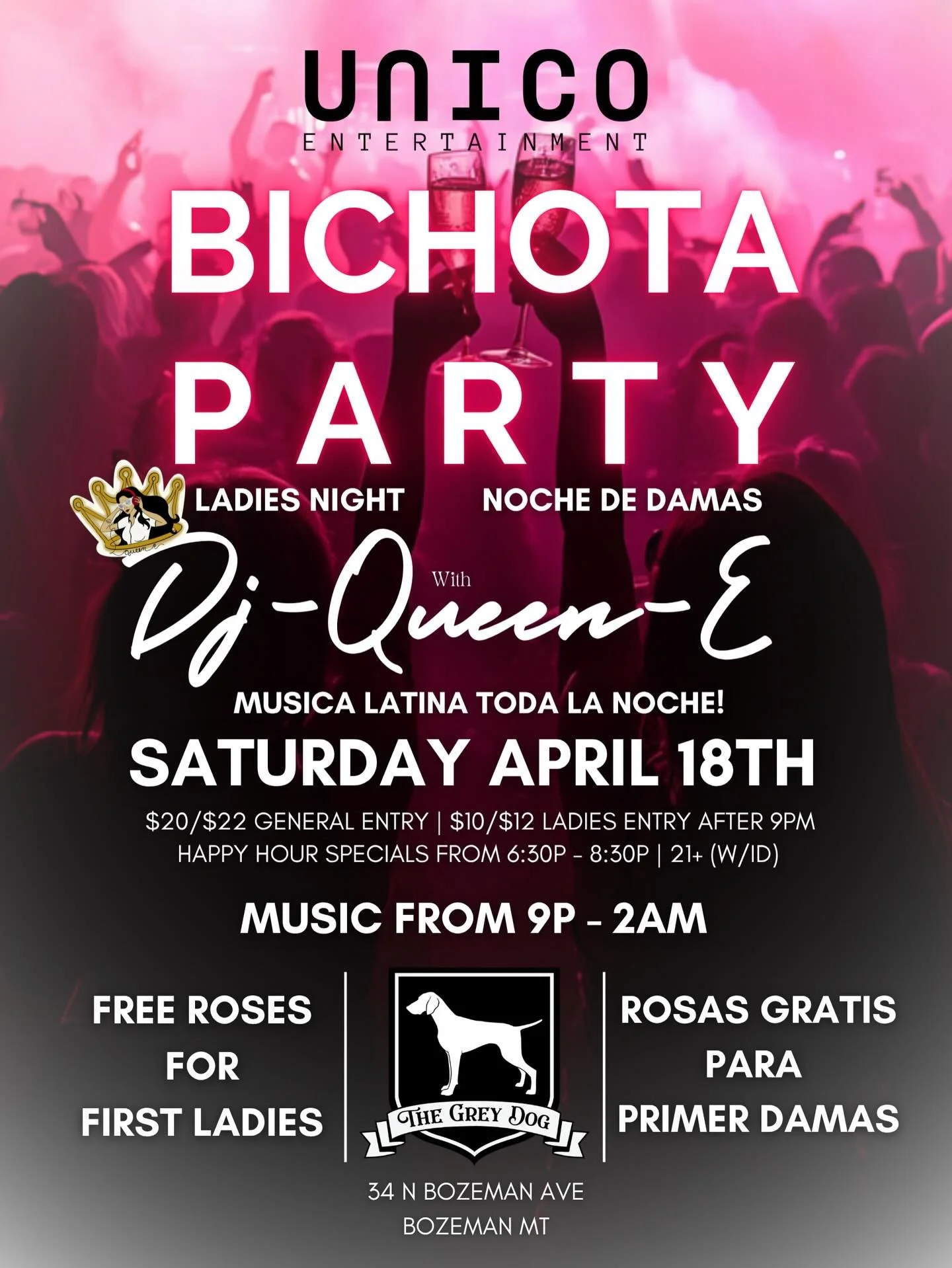 This Saturday April 18th we will be hosting Ladies Night with DJ Queen-E! Music from 9pm-2am. Free roses 🌹 21+ 💃