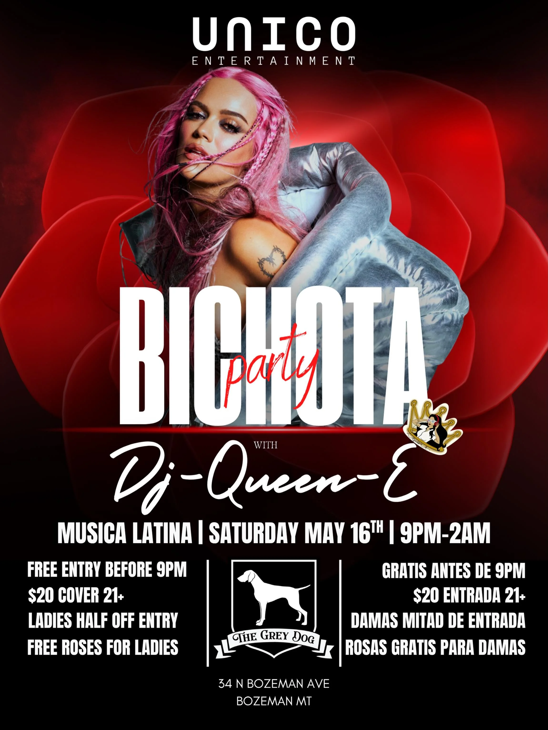Join us this Saturday May 16th for Bichota Party featuring @djqueen_e free entry before 9pm! Music from 9pm-2am. Half off and free roses for ladies 🌹 See you there! 21+