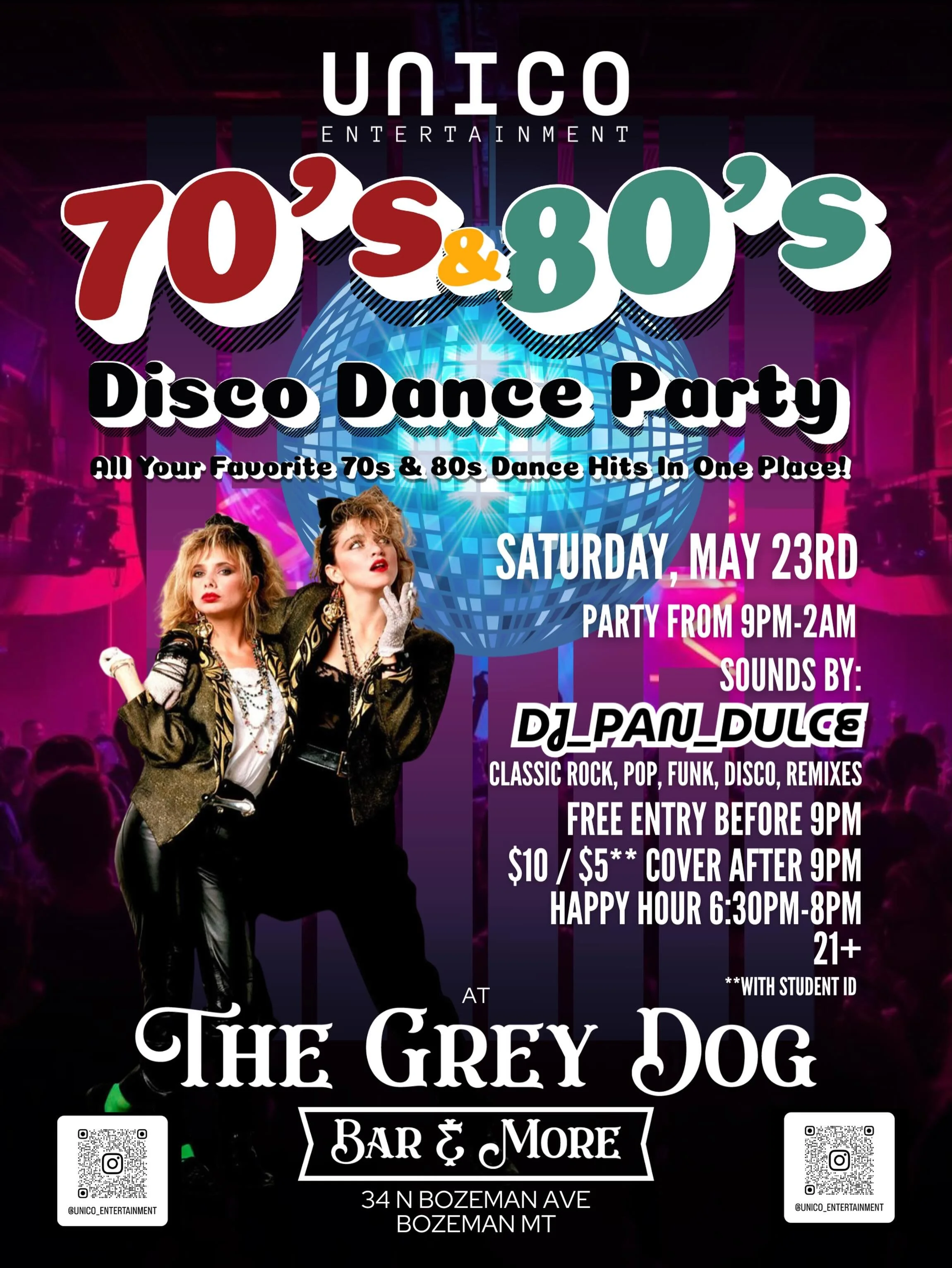 This Saturday May 23rd we will be hosting a 70&rsquo;s and 80&rsquo;s Disco Dance Party with DJ Pan Dulce 💃🪩 Free entry before 9pm and music from 9-2! Half off with student ID, 21+