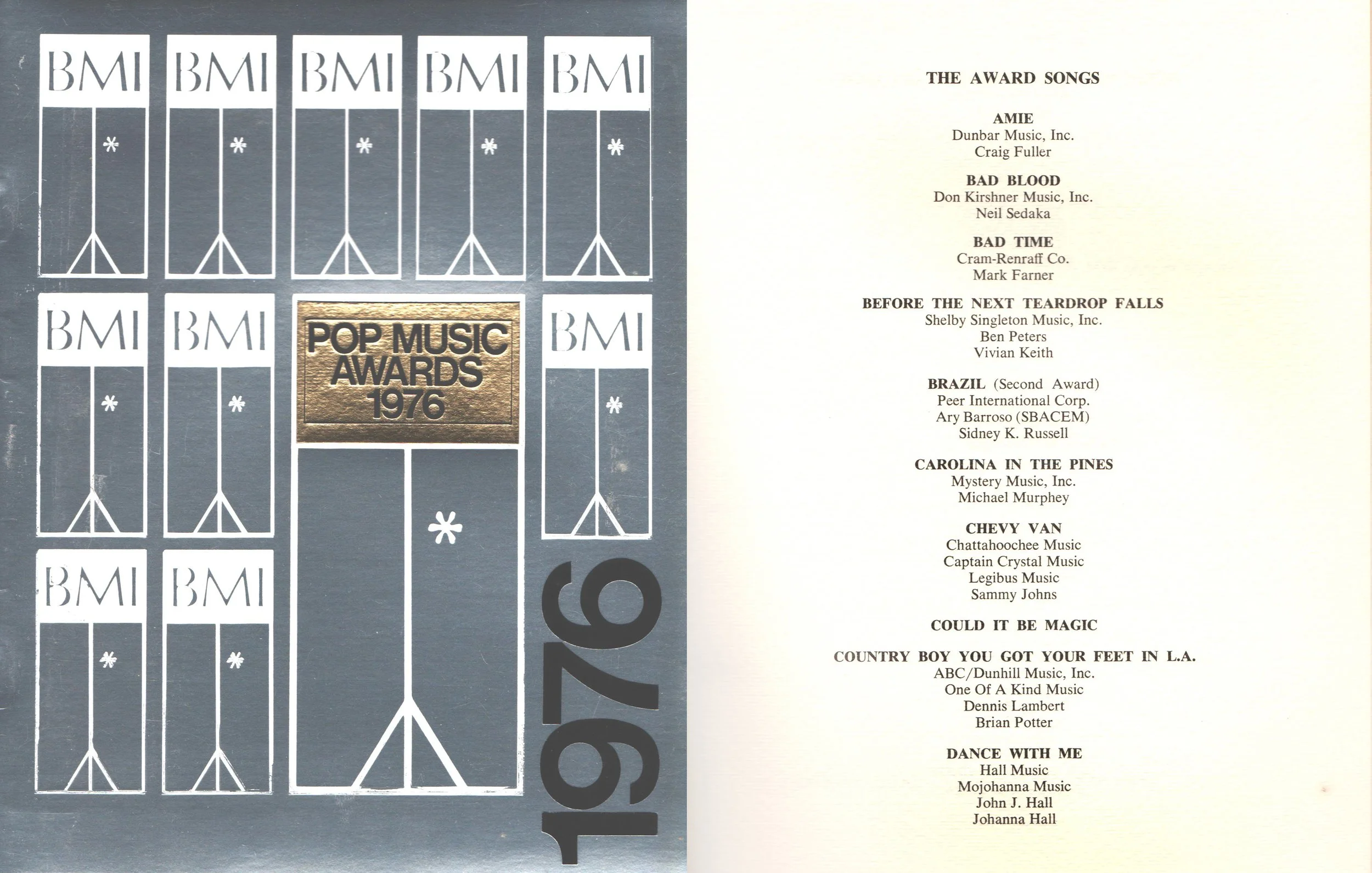 Throughout the '70s, BMI held Million Aire banquets to recognize songs that had attained a million airplays. They were lavish and lovely. I liked seeing the other songwriters and publishers, camaraderie of industry. This is the front of the program f