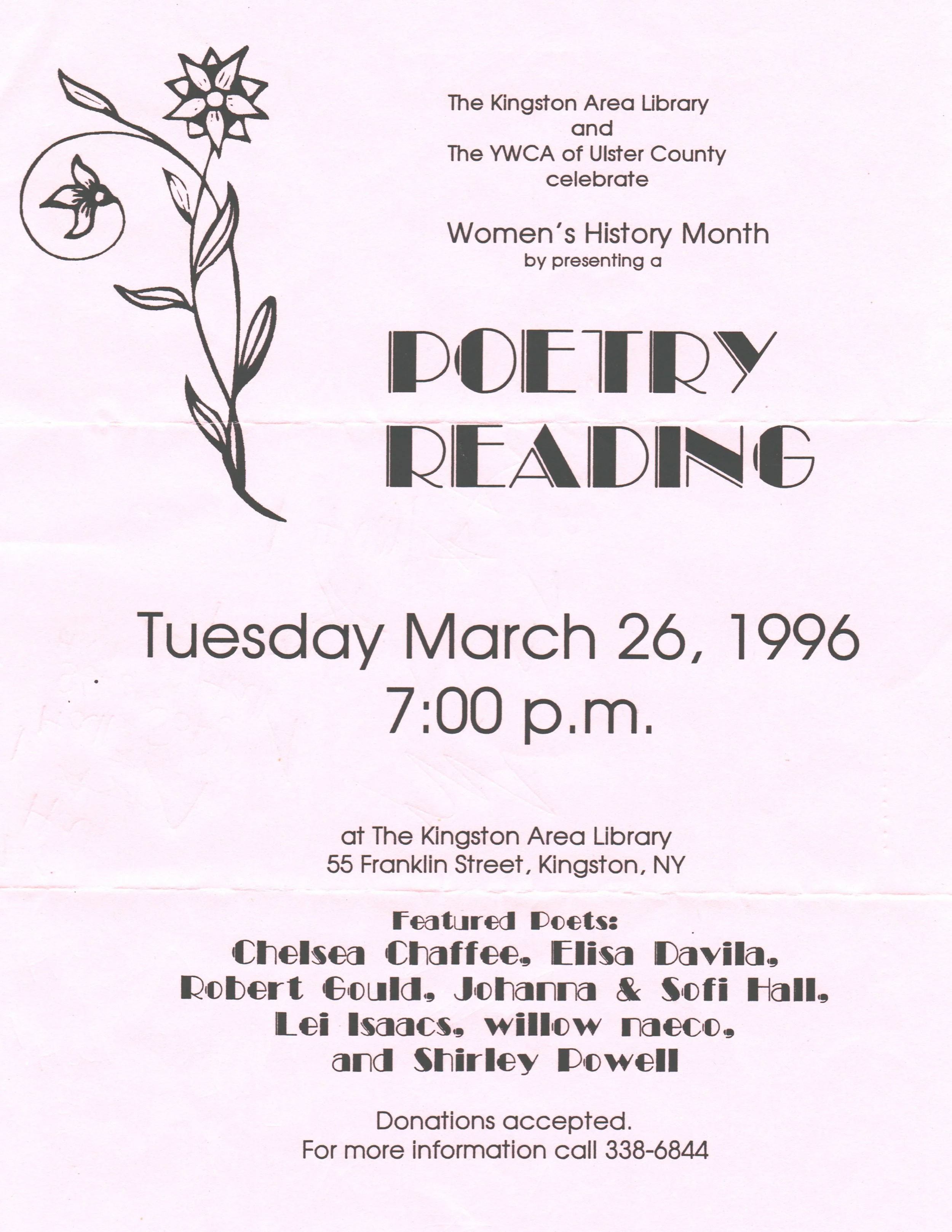 Flyer for Women's History Month poetry reading event on March 26, 1996, at Kingston Area Library featuring several poets, including Chelsea Chaffee and Shirley Powell.