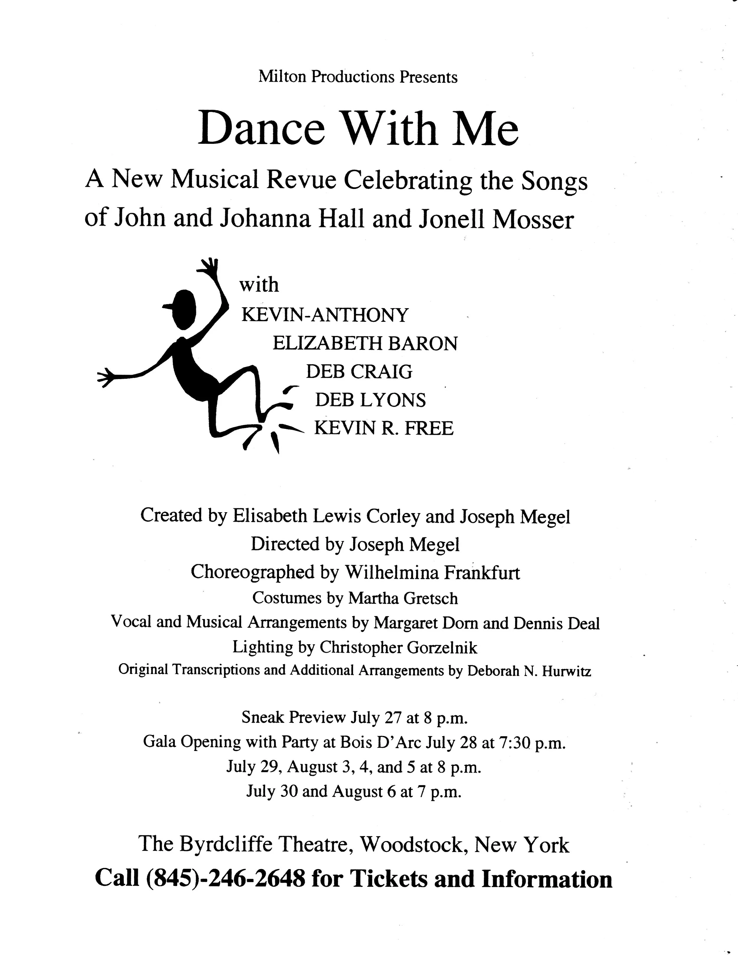The flyer for the musical revue "Dance With Me" presented by Milton Productions, featuring a stylized silhouette of a dancer, with details of the show dates, location at The Byrdcliffe Theatre in Woodstock, New York, and a phone number for tickets.