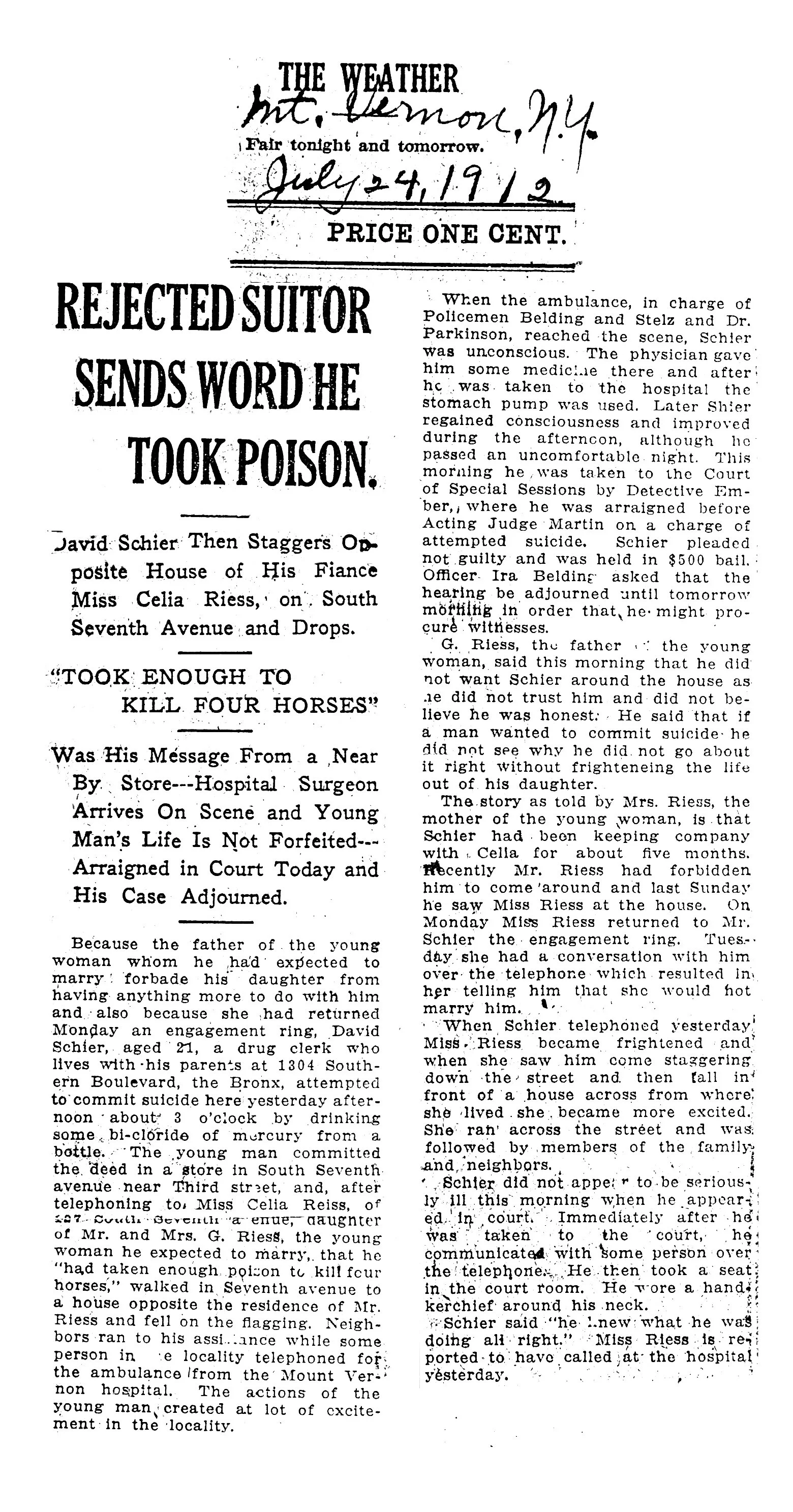 Historical black-and-white newspaper article about David Schier, a young man accused of poisoning horses, who was taken to court. The article mentions that Schier's actions caused a near tragedy involving a young woman and discusses the court proceedings and community reactions.