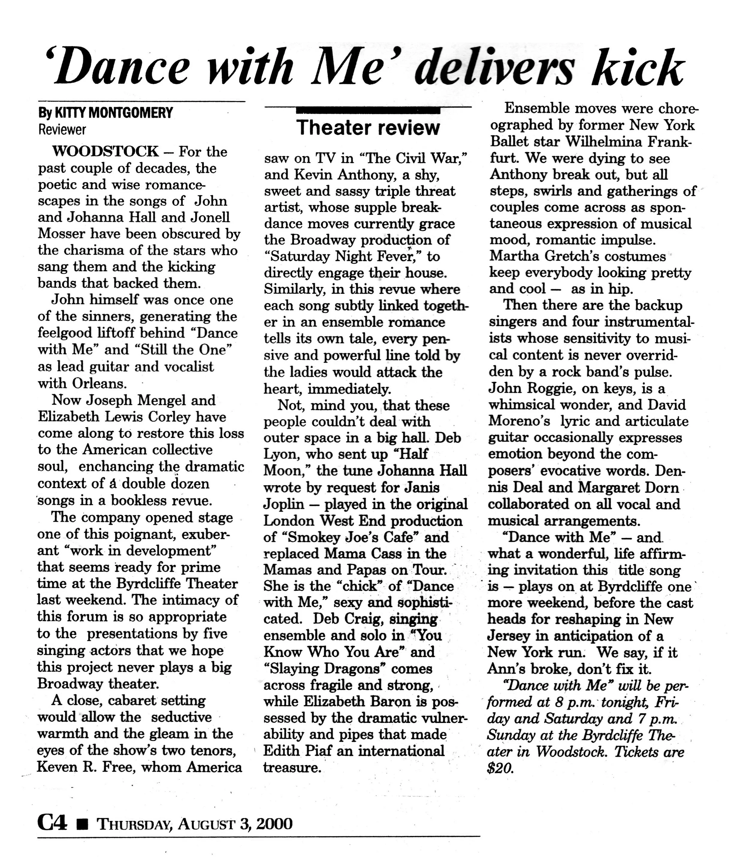 Print article titled 'Dance with Me' delivers kick, reviewed by Kitty Montgomery, published in the Woodstock newspaper on August 3, 2000. The article discusses a theater production involving dance and musical performances, with mentions of the cast, production details, and showtimes.