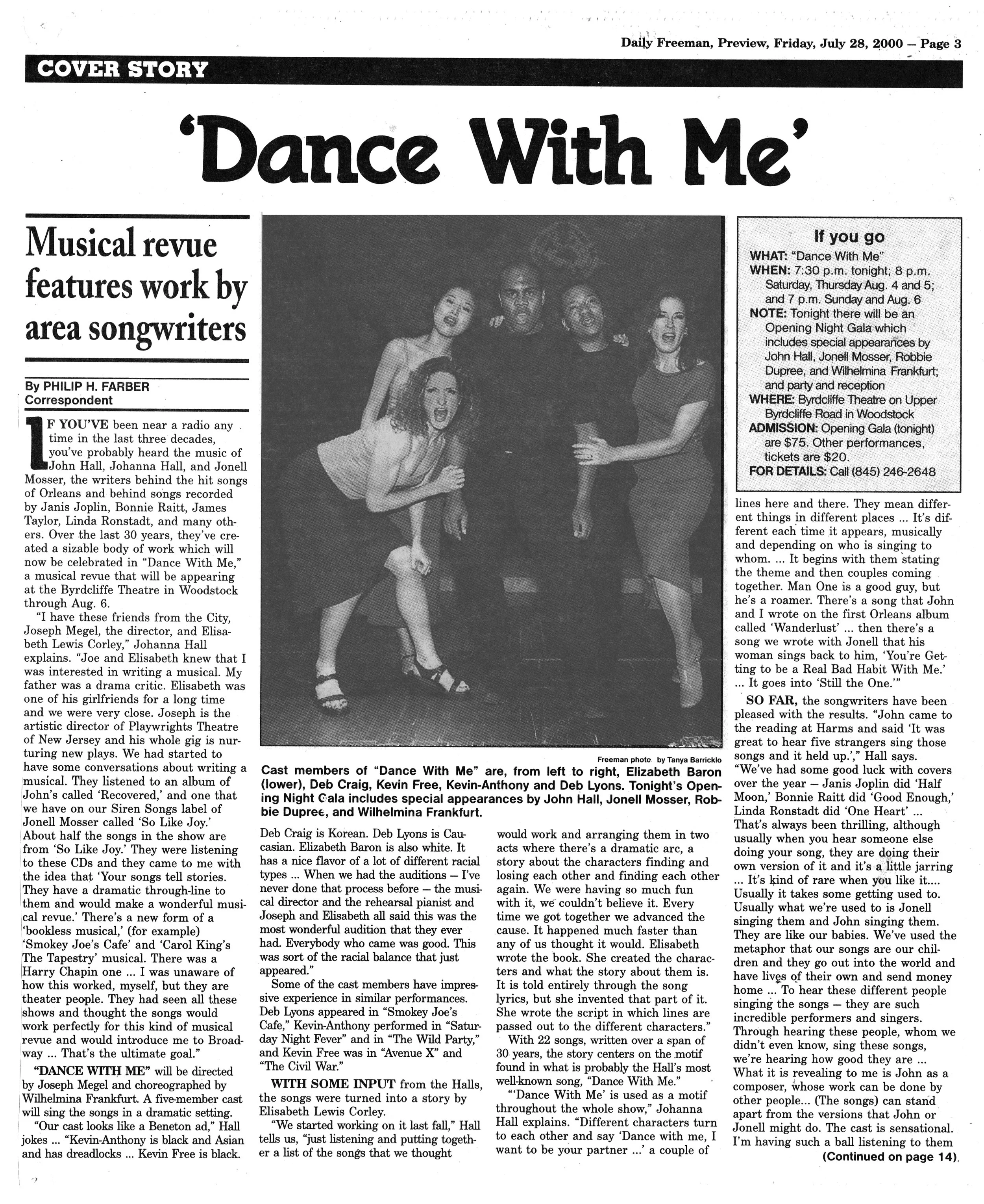 Black and white photograph of cast members from the musical 'Dance With Me,' including Elizabeth Baron, Kevin Free, Jonell Mosser, Robbie Dupree, and Wilhelmina Frankfurt, posing together at a theater.